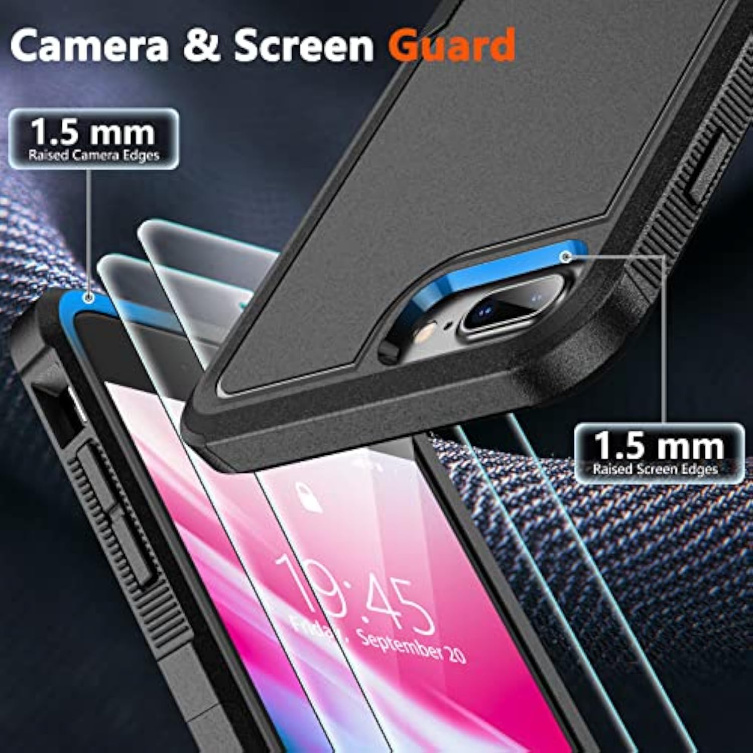 For Iphone 7/8 Plus Case, [10 Ft Grade Drop Protection] [Non-Slip] [2 Pcs Tempered Glass Screen Protector] Heavy Duty Full-Body Shockproof Case For Iphone 7/8 Plus 5.5”, Black
