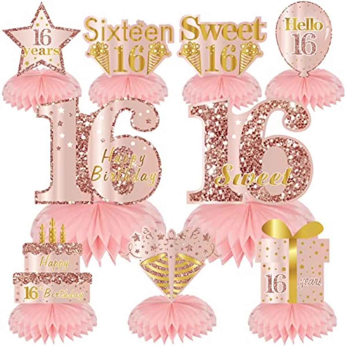 Pink Rose Gold Sweet 16 Honeycomb Table Toppers, 9pcs