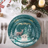 50Pcs Christmas Paper Plates Sets - Merry Christmas Lettering, Green Forest, Reindeer, Gold Foil Design Disposable Party Plates Decorative Tableware Supplies Table Decor - 7 Inch & 9 Inch