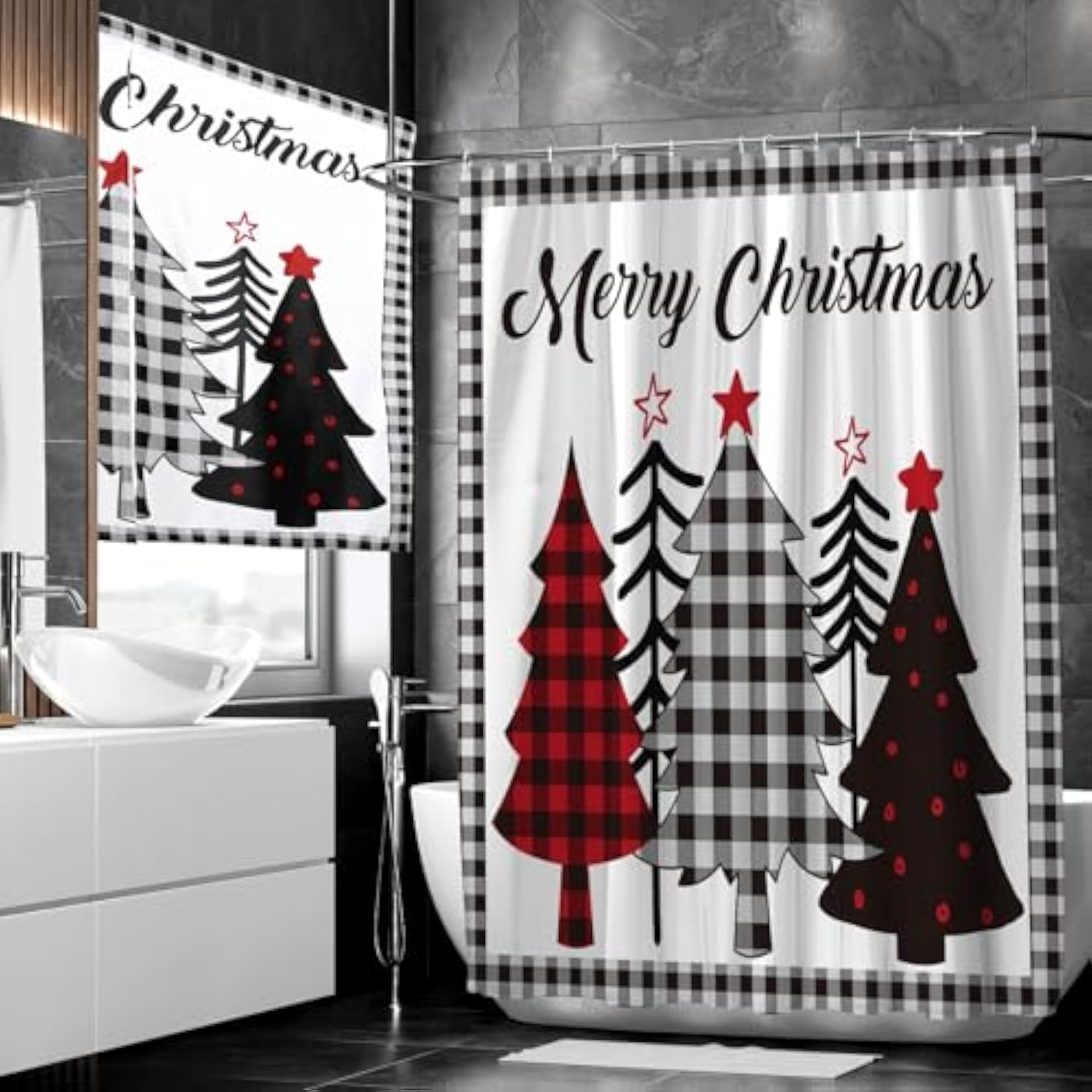 2 Pcs Christmas Shower Curtain Set 72 X 72 Inch Buffalo Plaid Xmas Tree Winter Snowflake Merry Christmas Decorative Christmas Tree Shower Curtain With Window Curtain With 12 Hooks