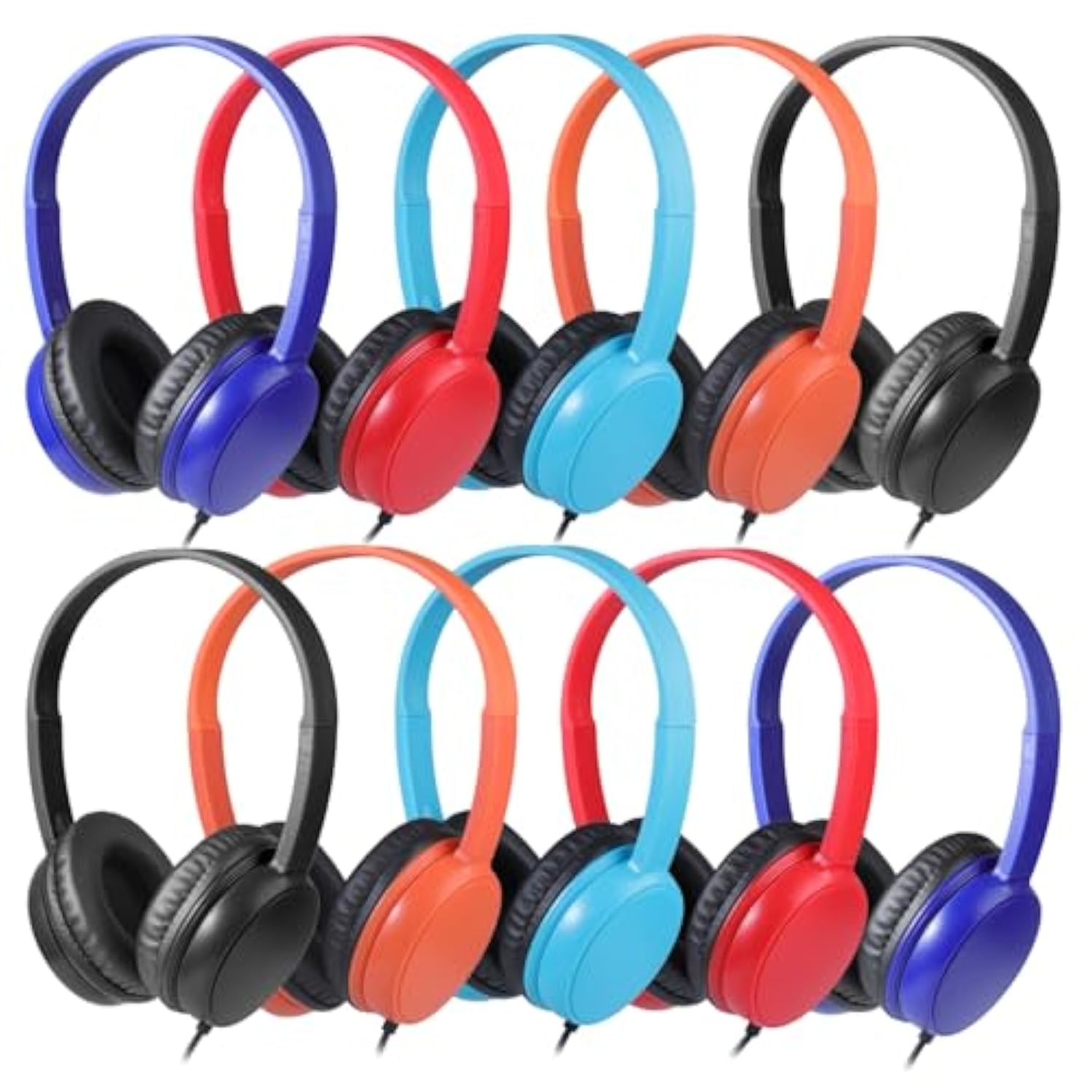 Classroom Headphones Bulk 10 Pack Mutli Colors For Kids Schools, Class Sets Headsets For Students (Durable,Leather Earcup, Noise Reducing, Comfortable, Easy-To-Clean)