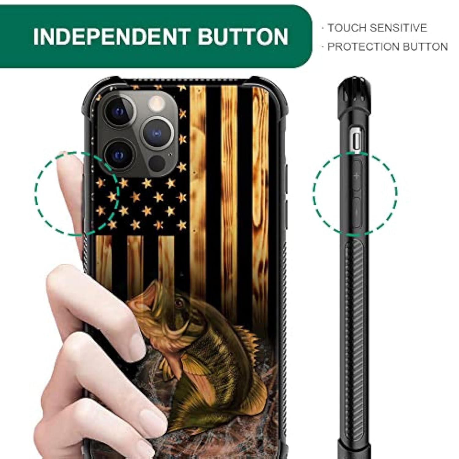 Compatible With Iphone 14 Case?Design Pattern Back Bumper Anti Scratch Reinforced Corners Soft Tpu Caver,Cases For Men Women-Wood American Flag Fish