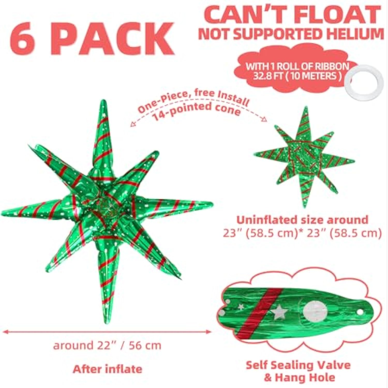 4D Red Green Balloon New Year Merry Christmas Decoration One-Piece Explosion Star Party Supplies, 6 Pack 22'' 14 Point Spike Star Cone Balloon Fireworks Balloons For Birthday Disco Casino Movie Night