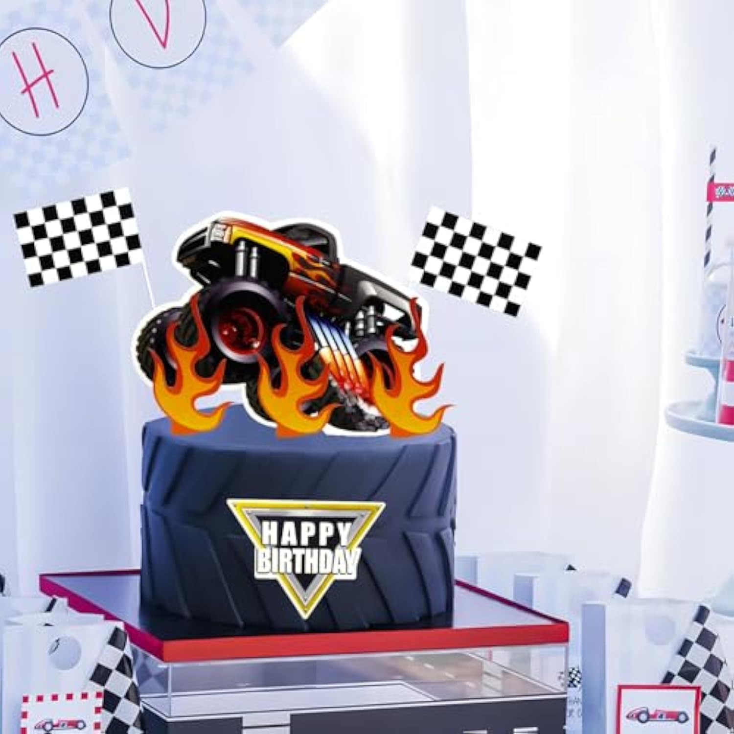 Trucks Cake Topper Truck Cake Decorations Racing Car Checkered Flag Birthday Cake Cupcake Toppers For Kids Boys Truck Themed Racing Car Party Decorations Supplies
