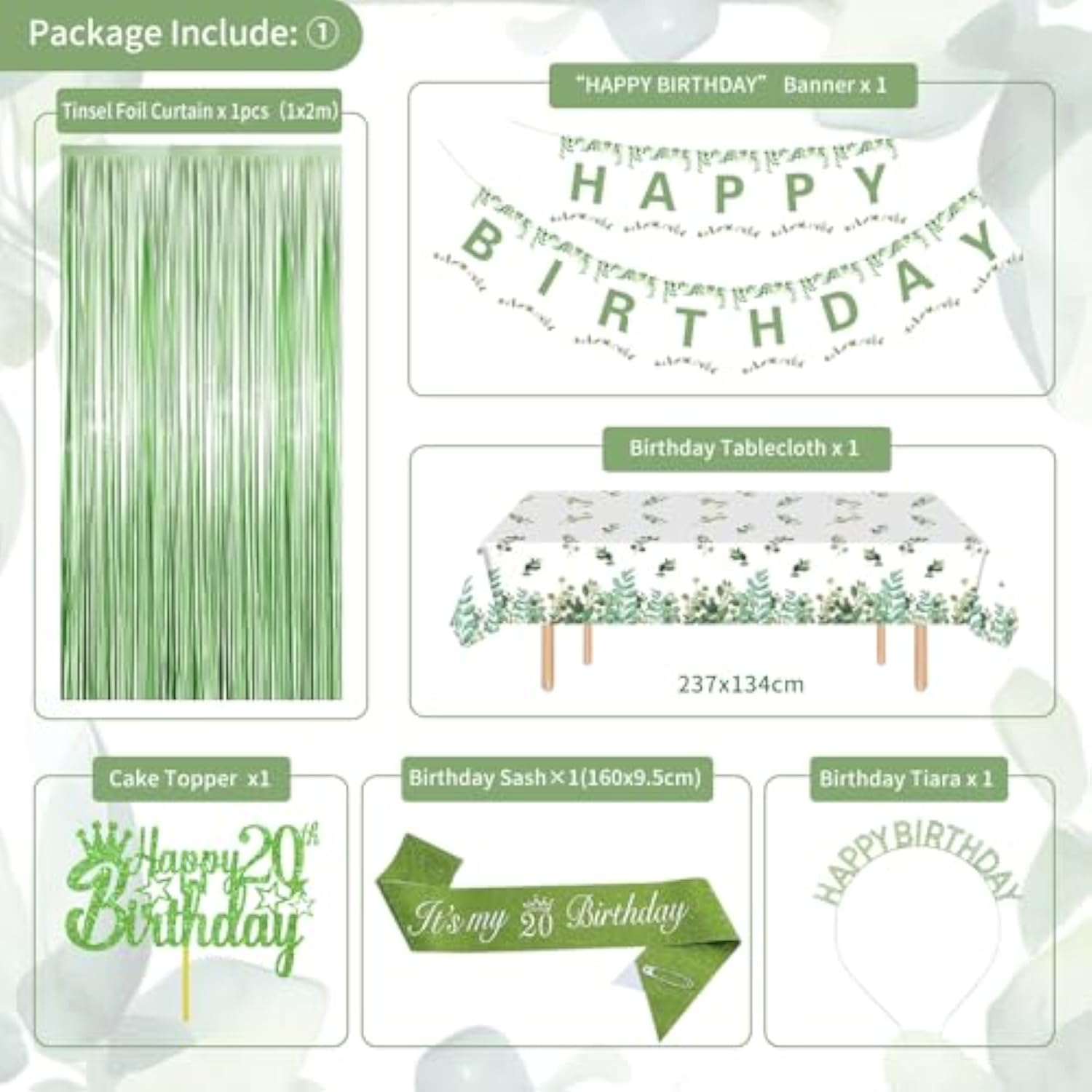 Sage Green 20th Birthday Decor – Balloons, Banner, Sash, Crown & More Party Supplies