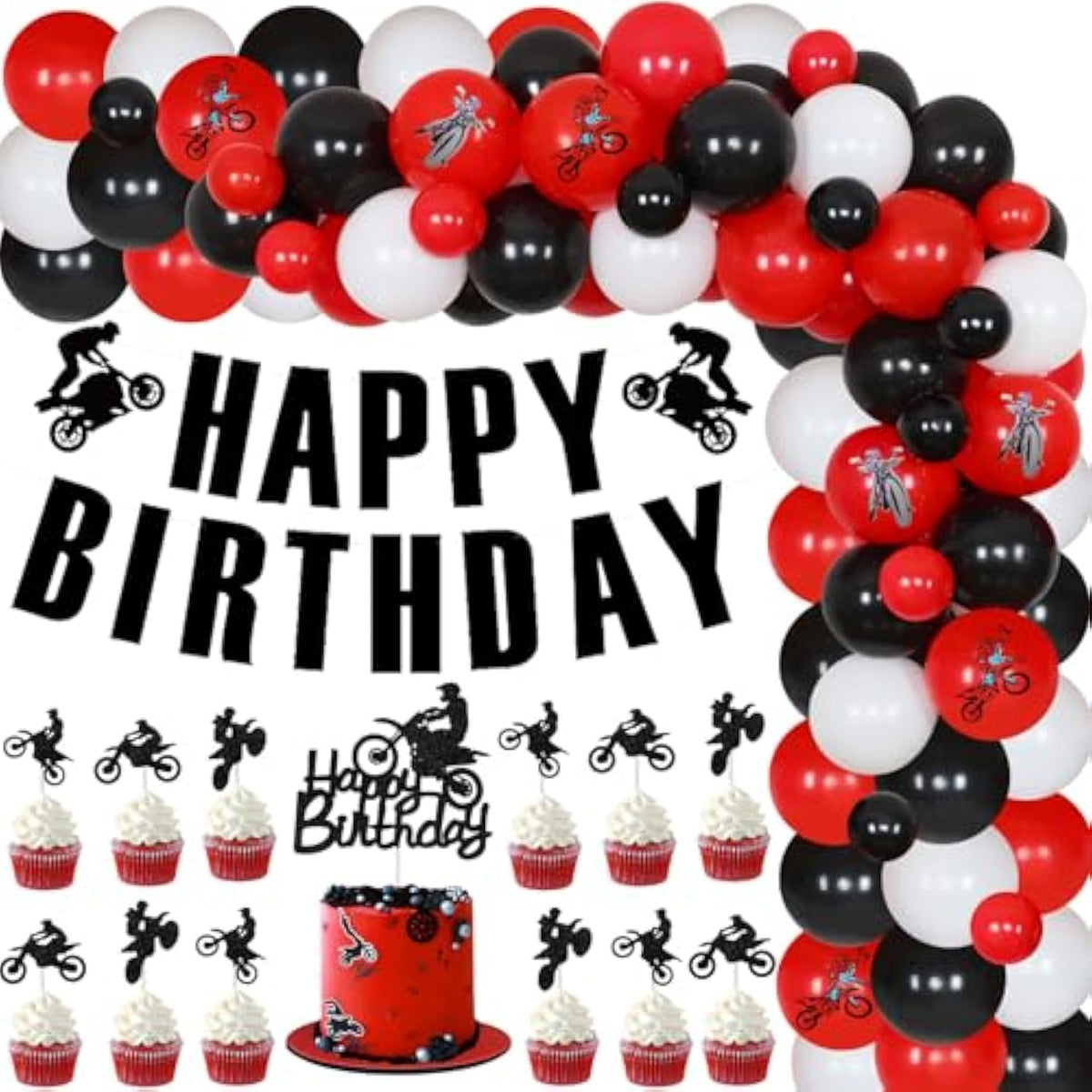 Dirt Bike Birthday Decorations For Boys - Red Black Balloon Garland Arch Kit With Happy Birthday Banner Cake Topper, Motorcycle Cupcake Toppers For Motocross Theme Party Supplies