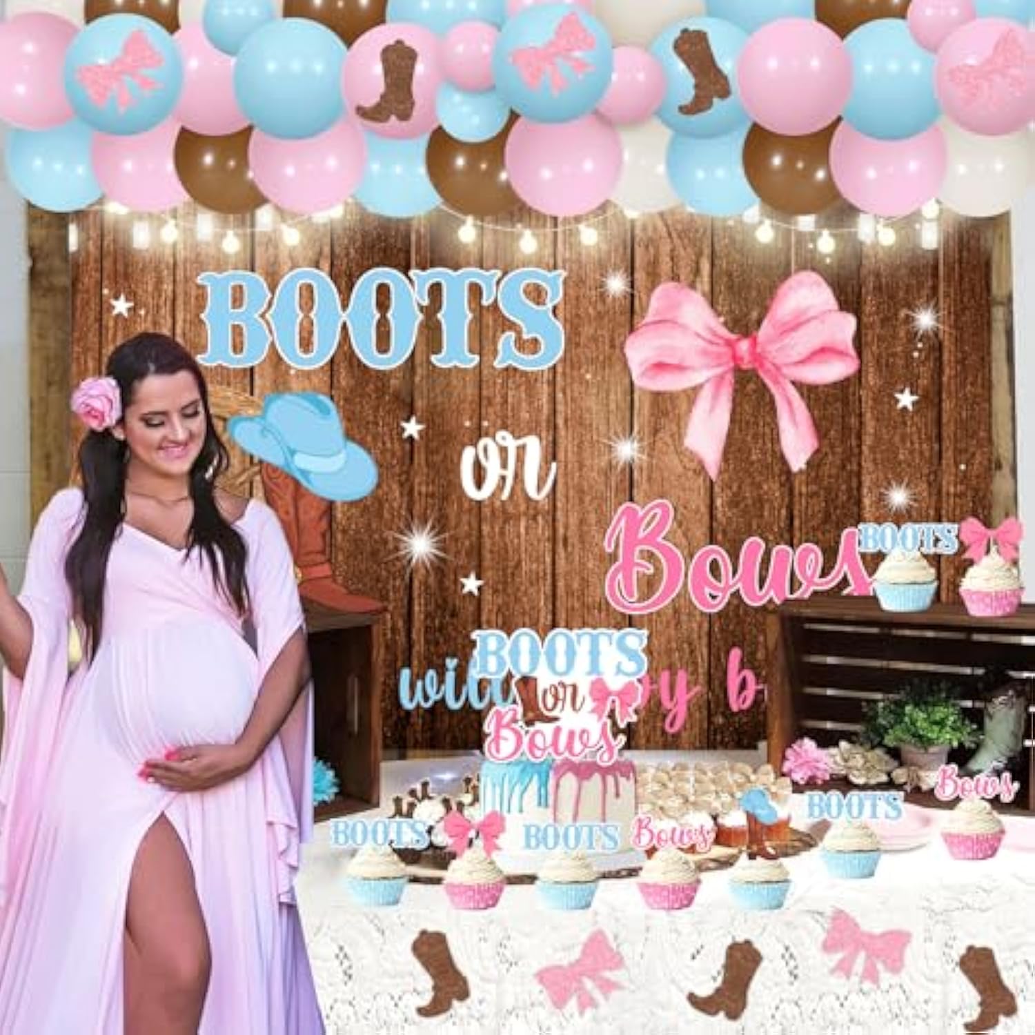 Boots Or Bows Gender Reveal Decorations, Balloons Arch Kit What Will Baby Be He Or She Backdrop Cake Cupcake Toppers Stickers For Western Cowgirl Gender Reveal Decorations