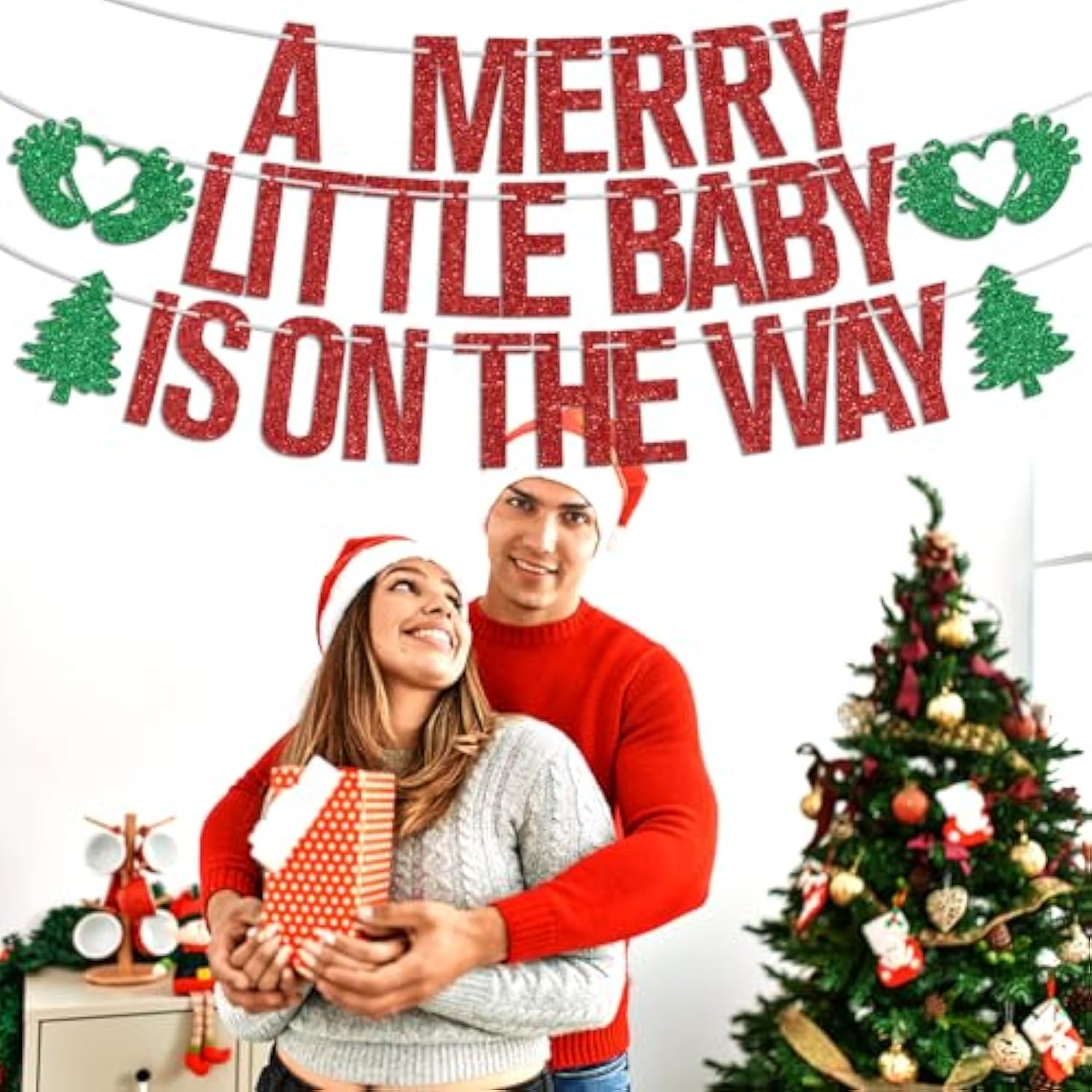 Red & Green Glitter "A Merry Little Baby" Banner Holiday Baby Shower Decor