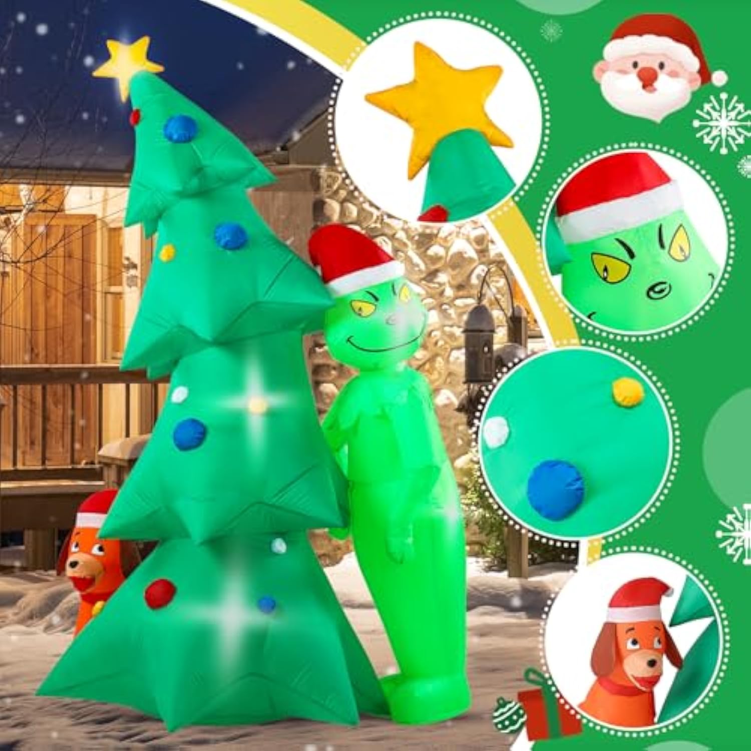 Christmas Green Big Monster Inflatable Decorations, 6.5Ft Lighted Up Christmas Inflatable Outdoor Decorate Build-In 6 Le
