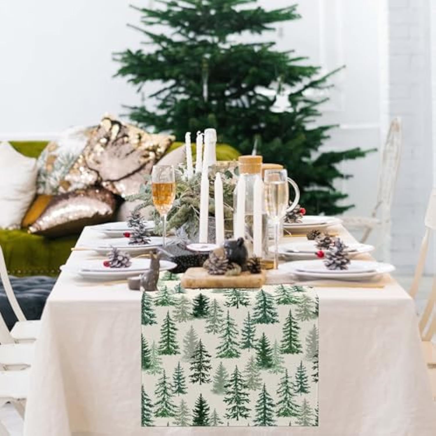 Christmas Winter Table Runner 13X36 Inch, Merry Christmas Green Pine Trees Table Decors For Seasonal Xmas Holiday Farmhouse Home Kitchen Dining Party