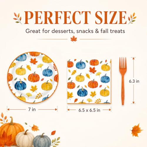 72Pcs Fall Paper Plates and Napkins Set, Autumn Pumpkin Dessert Plates 7in
