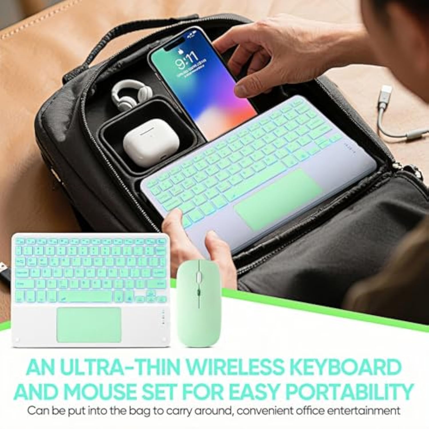 Ultra-Slim Bluetooth Keyboard With Built-In Touchpad And Mouse Portable Mini Wireless Keyboard Rechargeable 7-Color Backlit For Ipad Iphone Samsung Tablet Iphone Smartphone Ios Android Windows-Green