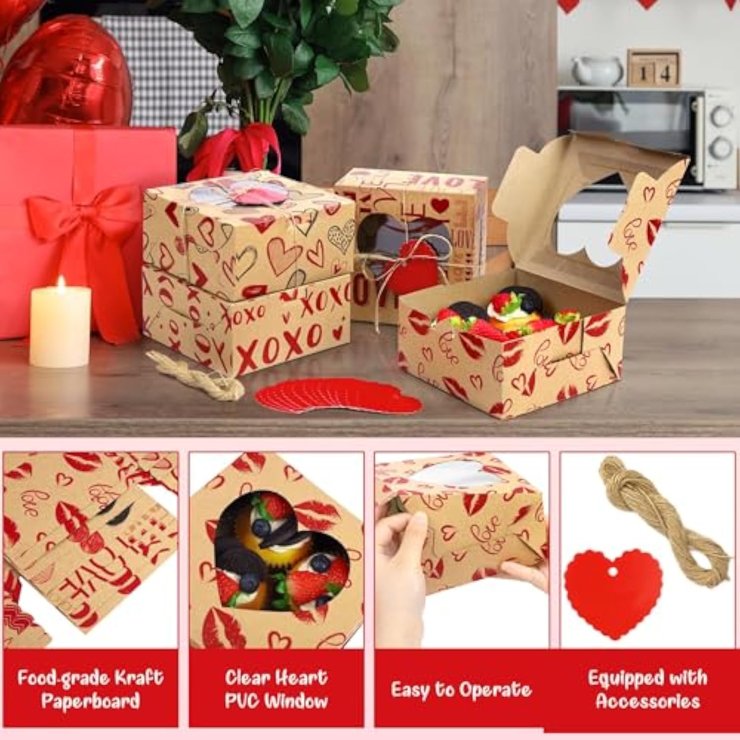 24 Packs Cookie Box Kraft Bakery Treat Boxes 6 X 6 X 3 Inches Candy Boxes With Heart Window Kraft Paper Cupcake Boxes With Heart Cards For Cookies, Cupcakes