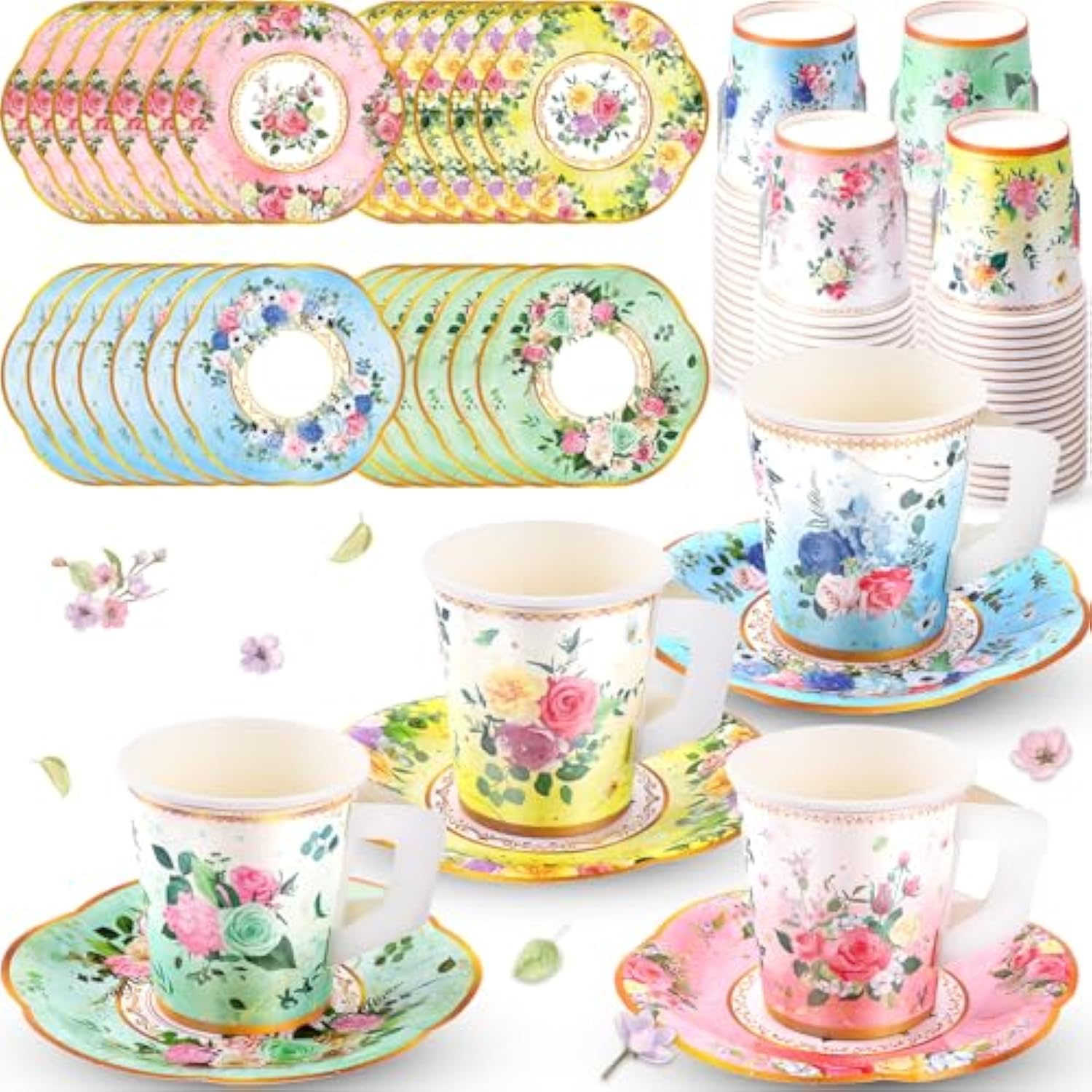 160 Pcs Floral Paper Tea Cups And Saucers 7 Oz Disposable Paper Tea Cups With Handle And Plates For Tea Party Decoration Birthday Baby Shower Bridal Wedding Mother'S Day