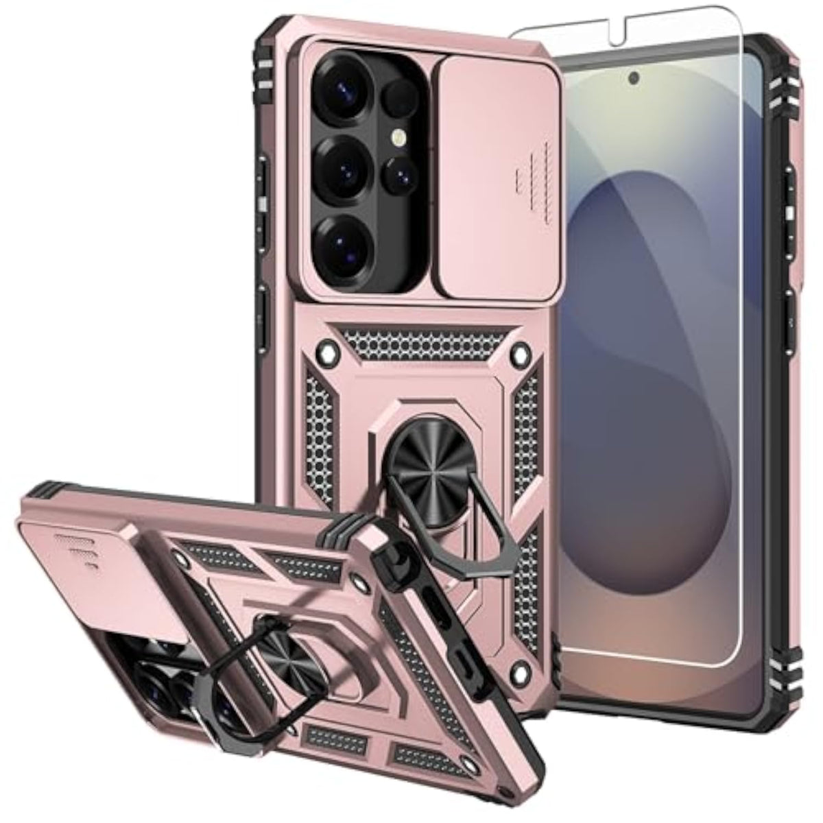 Galaxy S26 Ultra Case with Camera Cover, Military Grade 16ft Drop Tested Cover with Magnetic Kickstand Protective Case for S26 Ultra (Rose Gold)