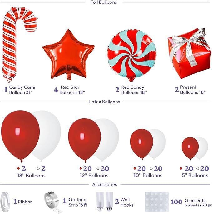 Christmas Balloons Garland Kit | Red and White Christmas Balloons Arch Kit with Candy Cane and Gold Star Foil Balloons for Xmas Party Decoration
