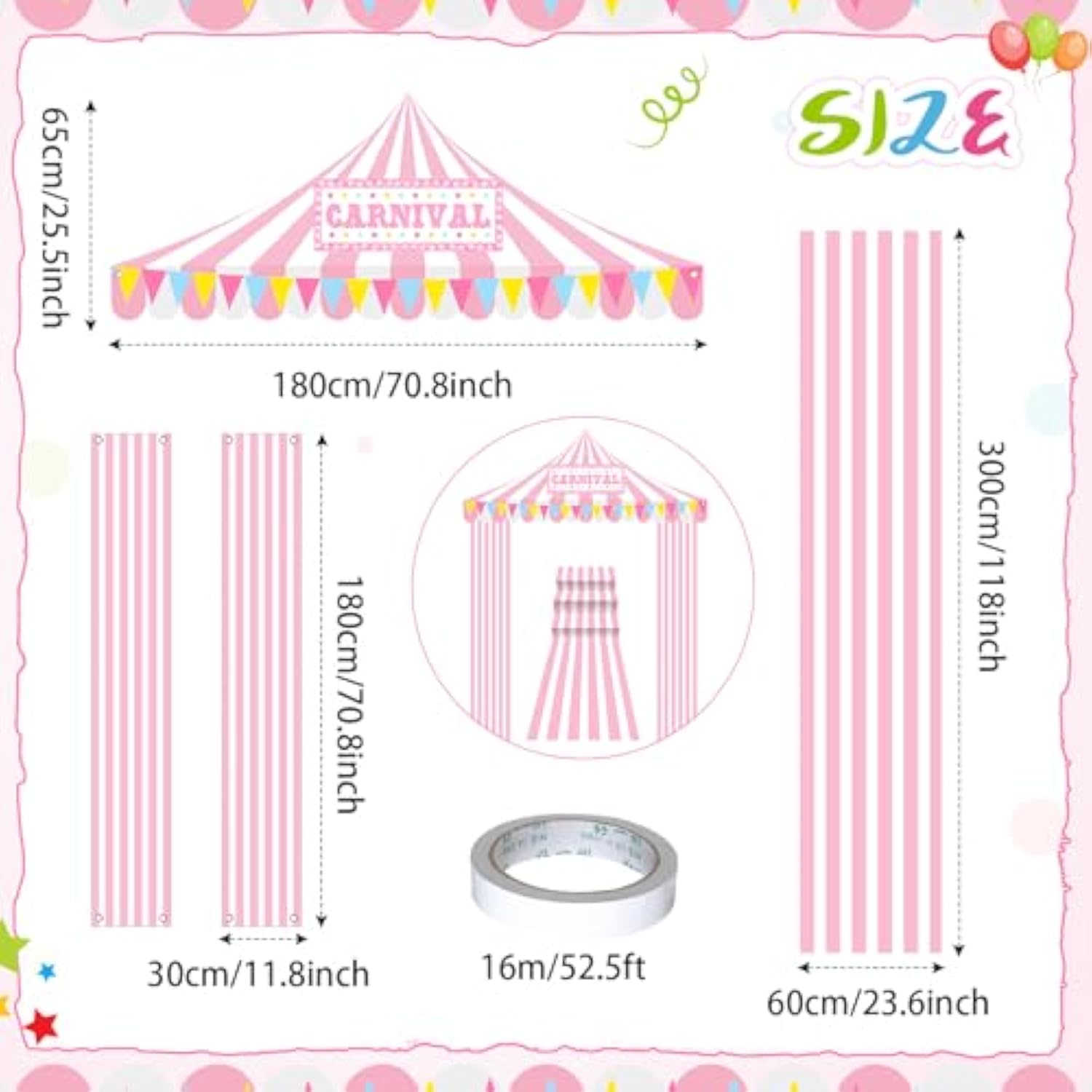 4 Pcs Carnival Circus Tent Decorations Carnival Entryway Door Party Decor Pink And White Striped Awning Hanging Banner Aisle Runners Supply For Circus Theme Birthday Celebration(Exquisite)