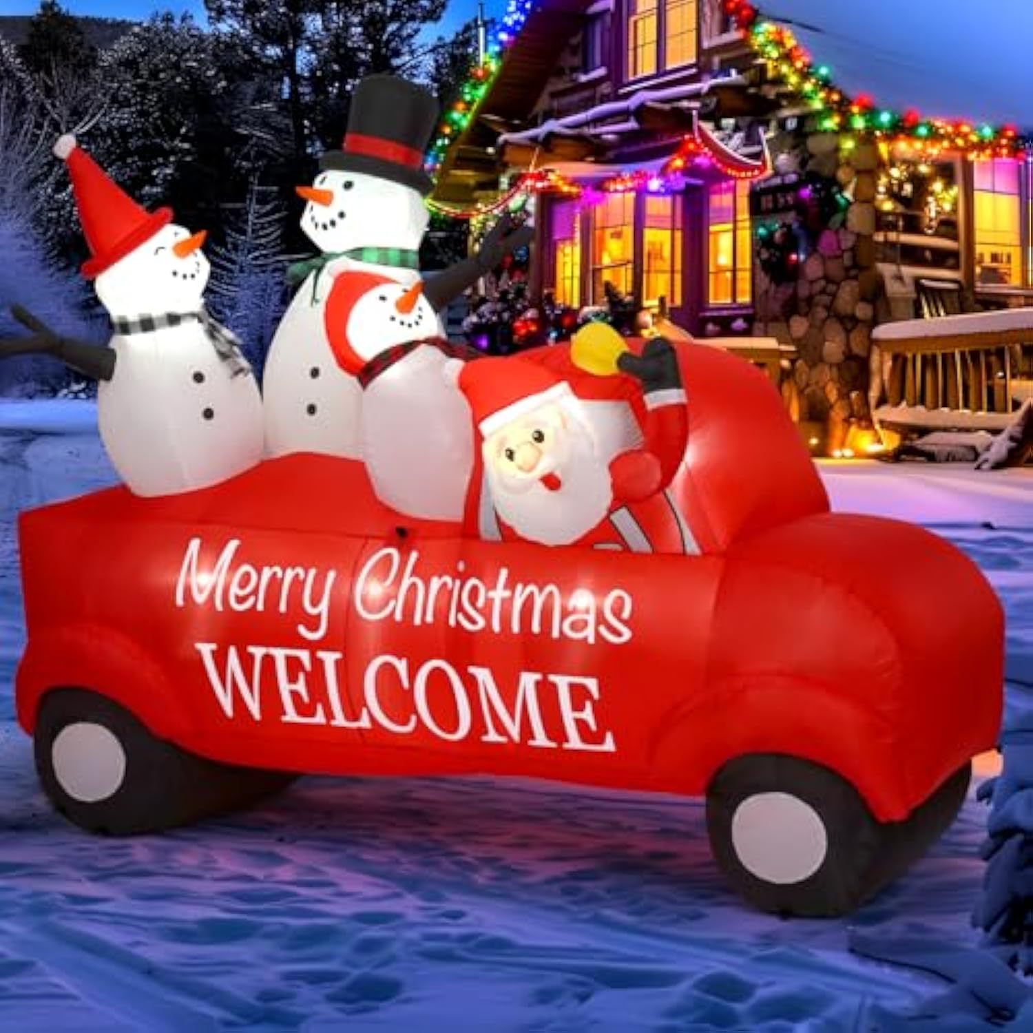 Outdoor Christmas Decoration, 8Ft Inflatable Christmas Santa Driving With Three Snowmen Decorations,Outdoor Christmas Bl