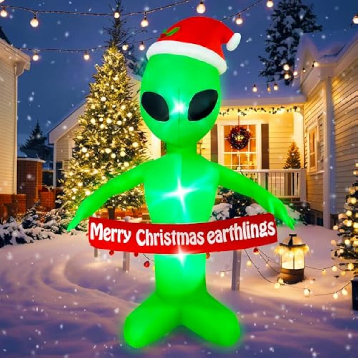 6 Ft Christmas Inflatables Alien With Merry Christmas Earthlings Banner Decorations Led Lighted Xmas Christmas Blow Up Y