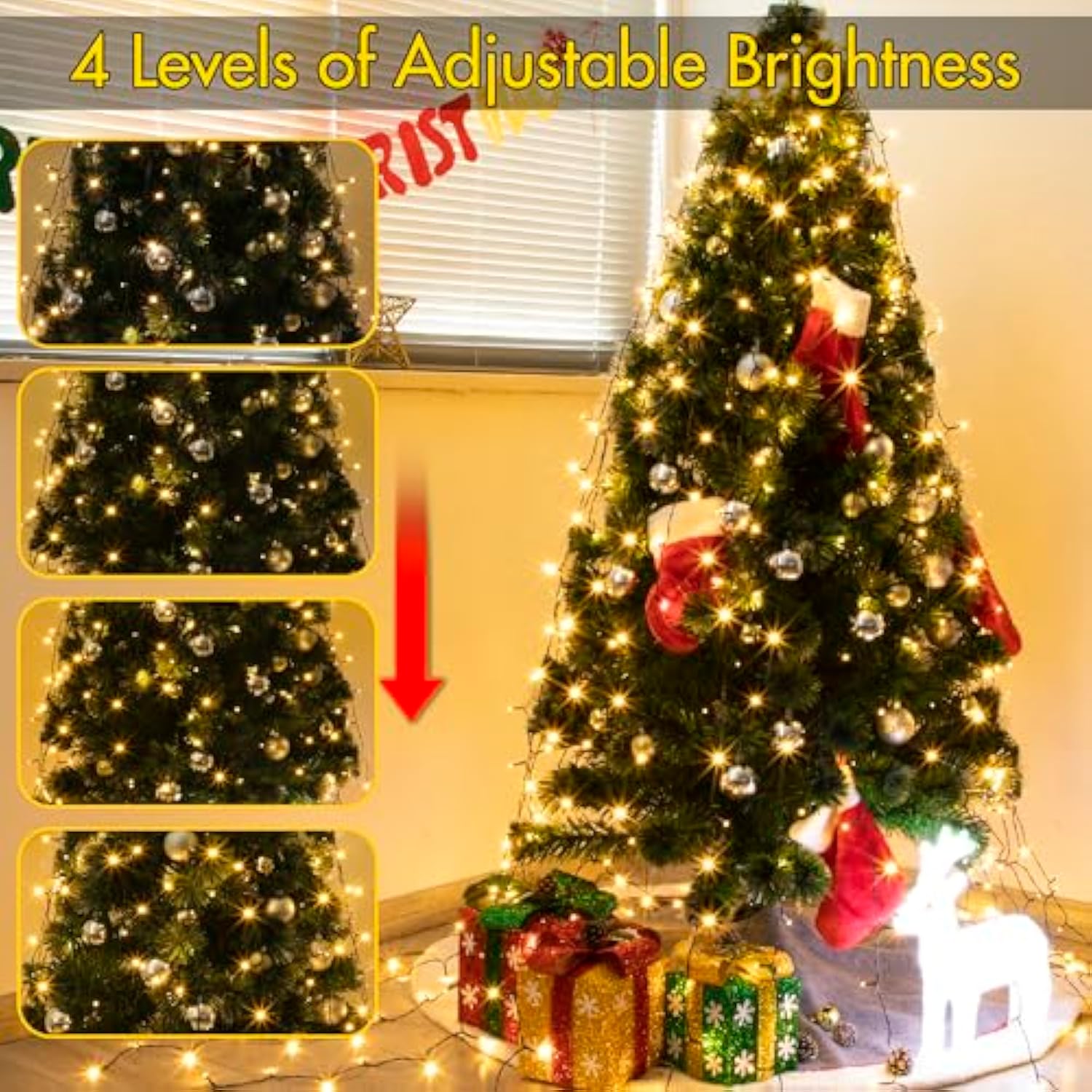 Christmas Tree Lights, 448 Led Christmas Tree Lights With 8 Lighting Modes, 8.2Ft×16 Lines Plug In Cascading Twinkle Lig