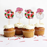 24 Pcs Merry Christmas Cupcake Toppers - Happy Holiday Cake Picks - Santa Claus, Pink Disco Ball For Xmas, New Year, Baby Shower, Kids Birthday Party Supplies