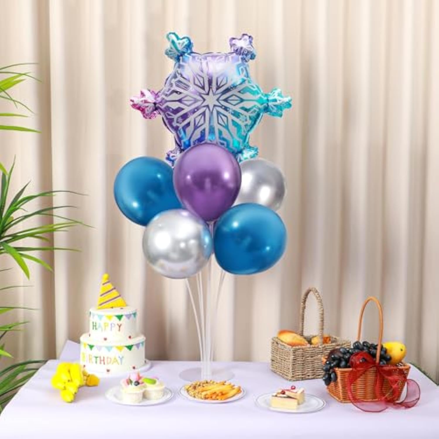 Snow Birthday Party Balloons Stand Kit 2 Sets With Snowflake Foil Balloons For Winter Wonderland Girl Princess Birthday Party Themed Decorations - Balloon Centerpiece For Tables