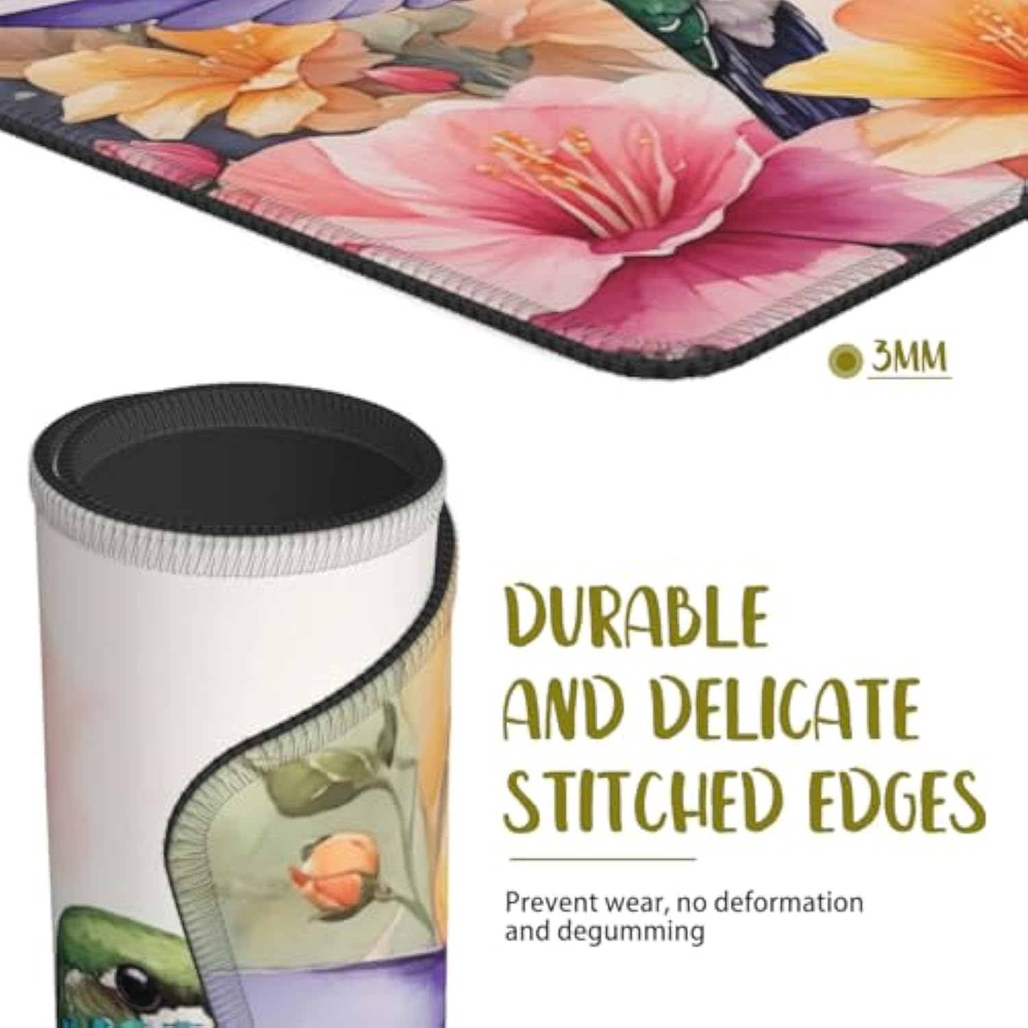 Mouse Pad Watercolor Floral Hummingbird Square Mousepad Desk Mat With Non Slip Rubber Base, Stitched Edge Mouse Mat Desk Pad For Work Game Office, 9.5X8 Inches