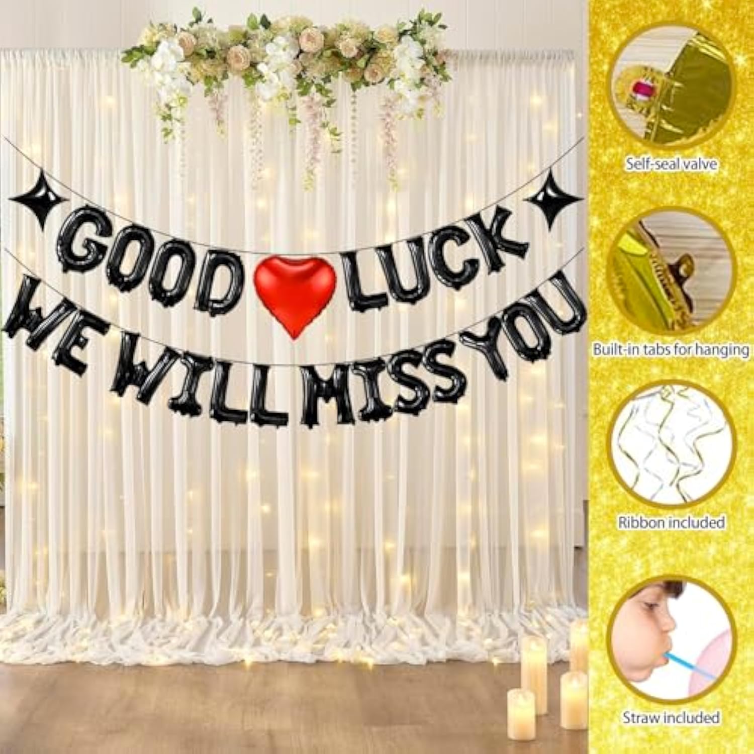 Good Luck We Will Miss You Black 16In Letter Balloons Star Heart Farewell Decor