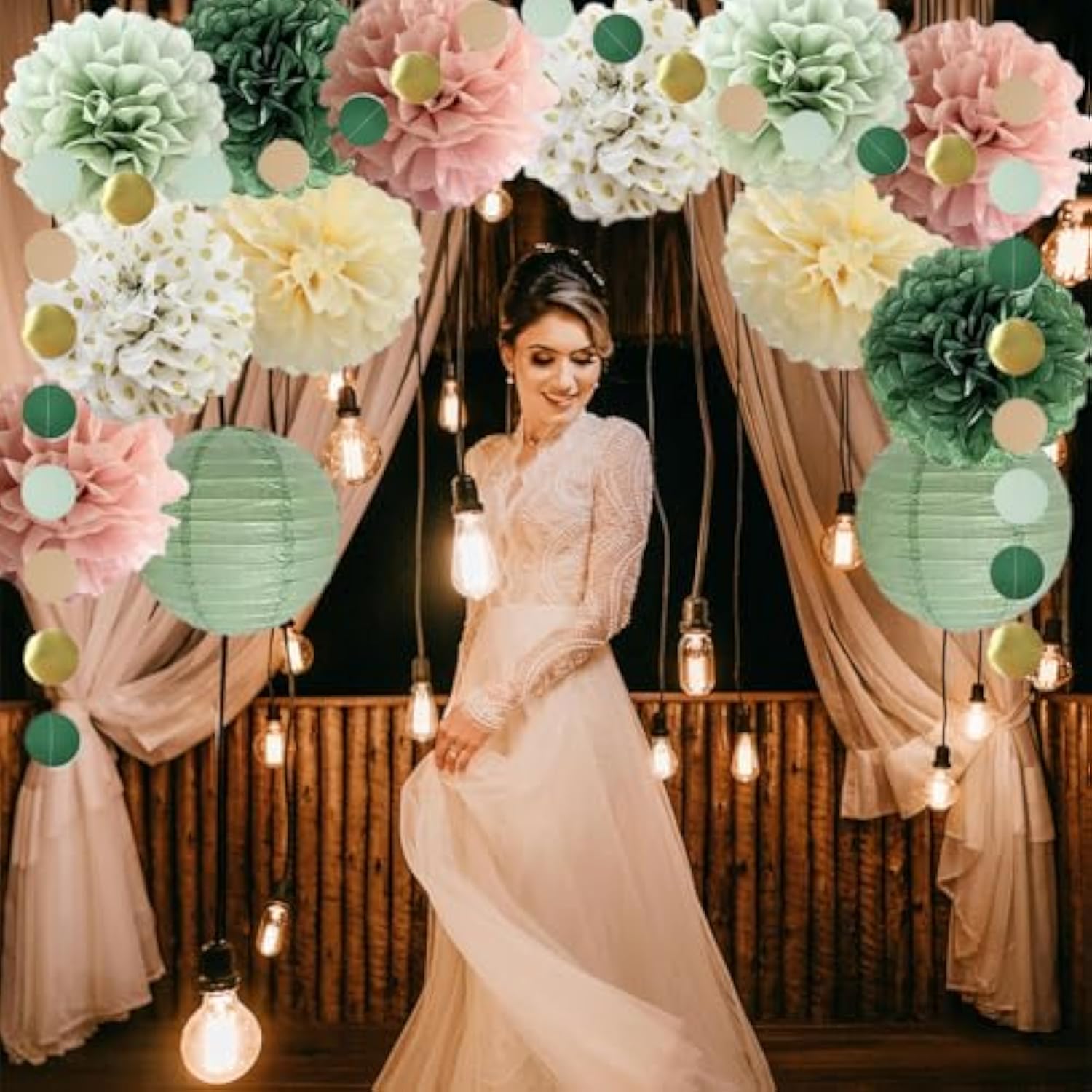 Sage Green Dusty Pink Tissue Paper Pom Poms Decorations Paper Lanterns Sage Green Dusty Pink Party Decorations Cicle Dots Garland For Bridal Shower Baby Shower Wedding Birthday Party Decorations