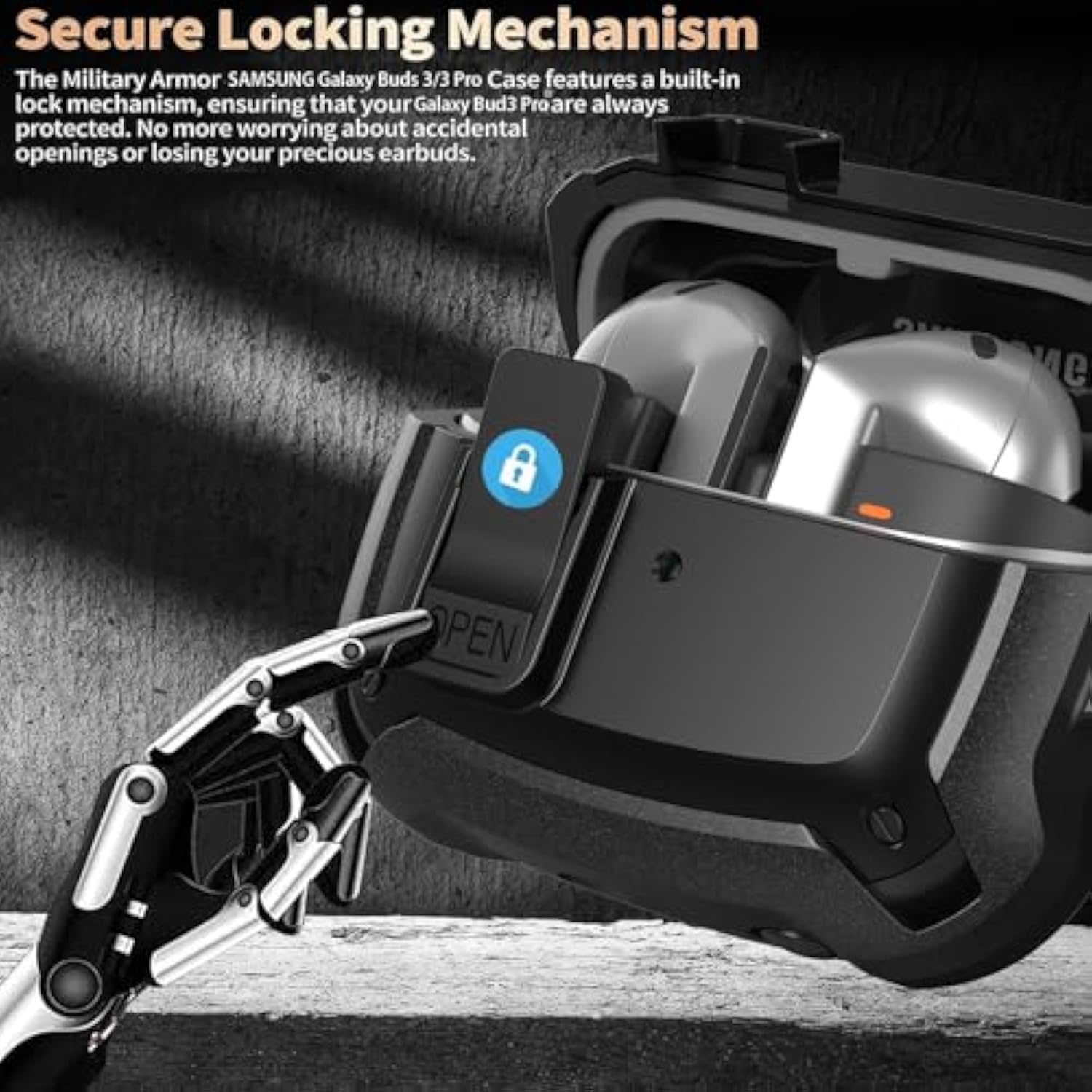 Galaxy Buds 3 Pro/Buds 3 Case Cover 2024 With Secure Lock Clip, Shockproof Samsung Galaxy Buds 3/3 Pro Protective Hard Cover Shell With Carabiner&Cleaner Kit For Men Women, Black