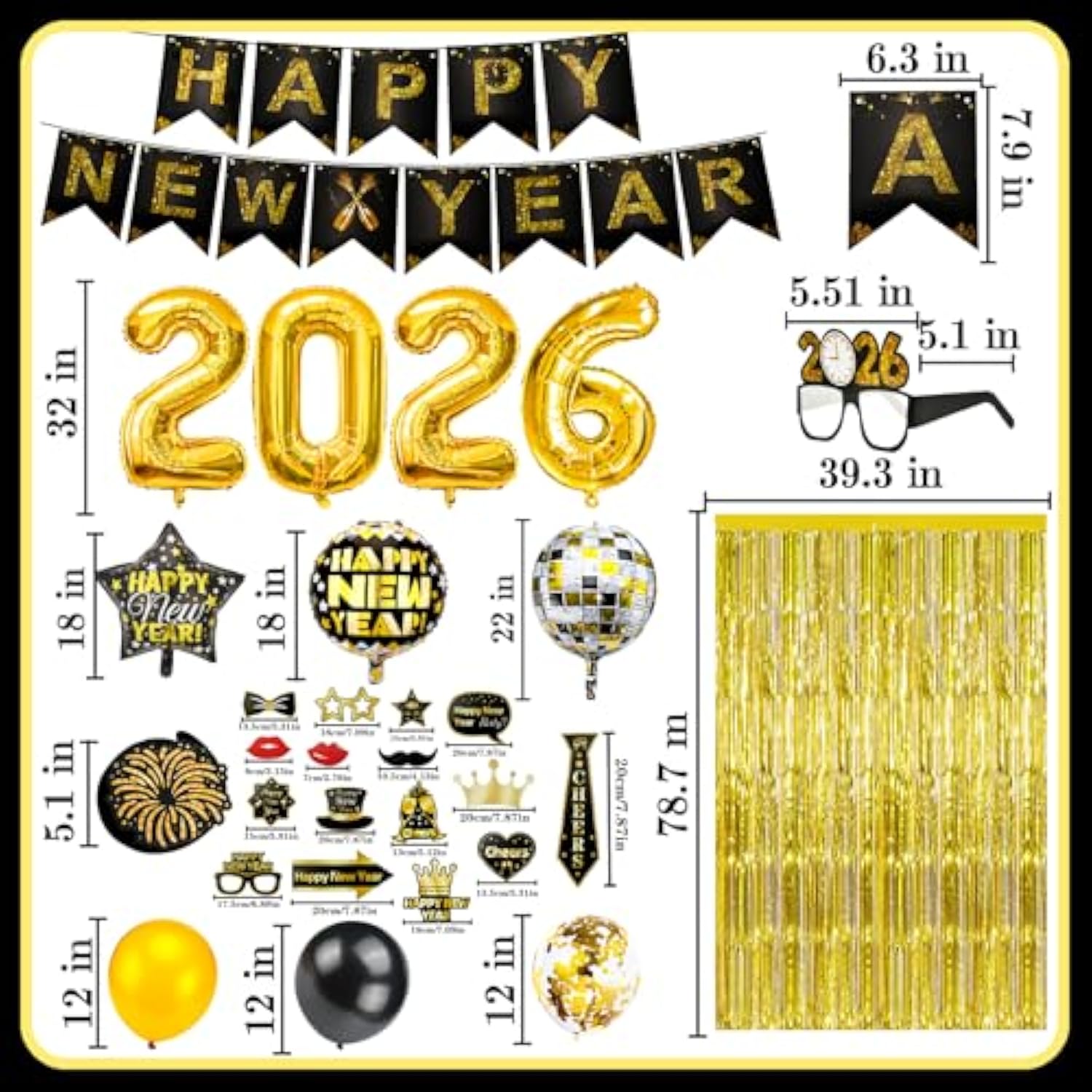 71 Pc 2026 New Year Party Kit with Balloons Banner and Black Gold Decor