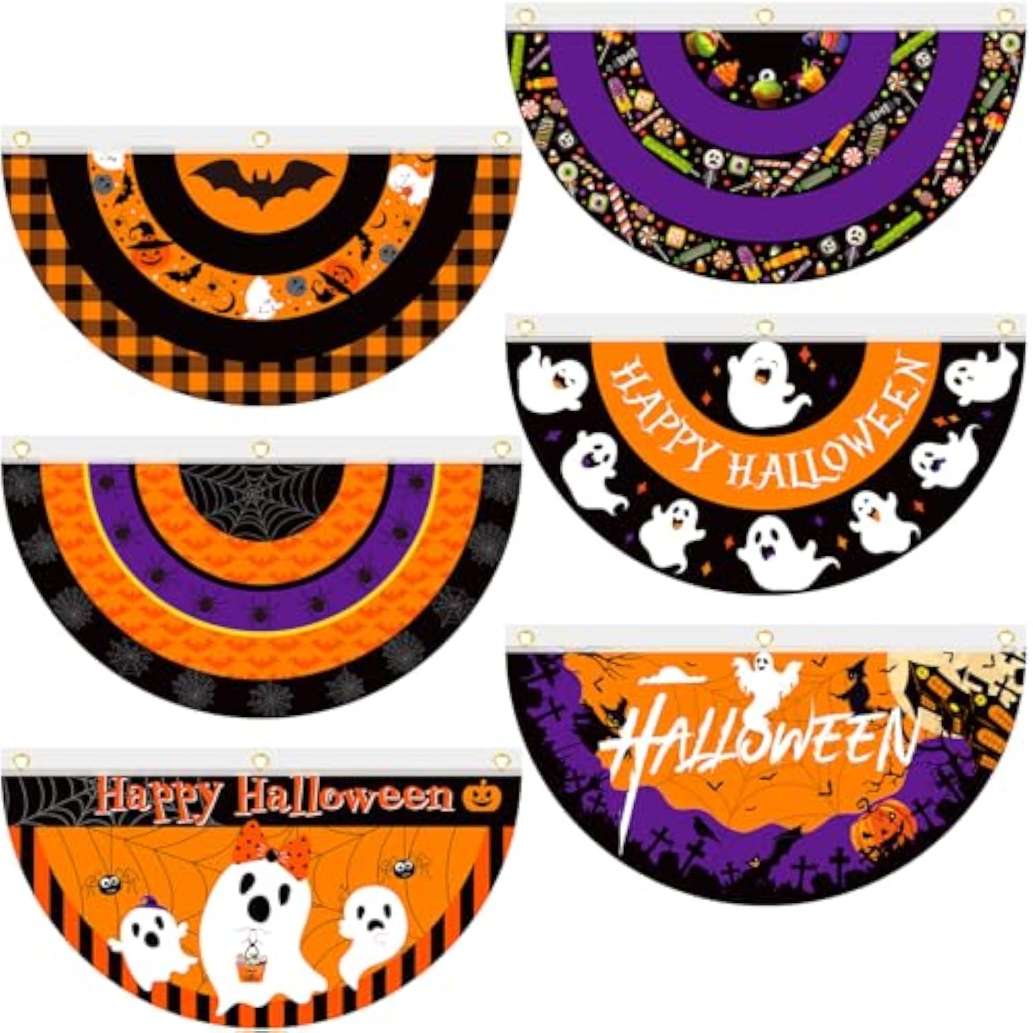 6pcs Halloween Bunting Fan Flags Ghost Pumpkin Half Banner 1.5x3ft Indoor Outdoor Decor