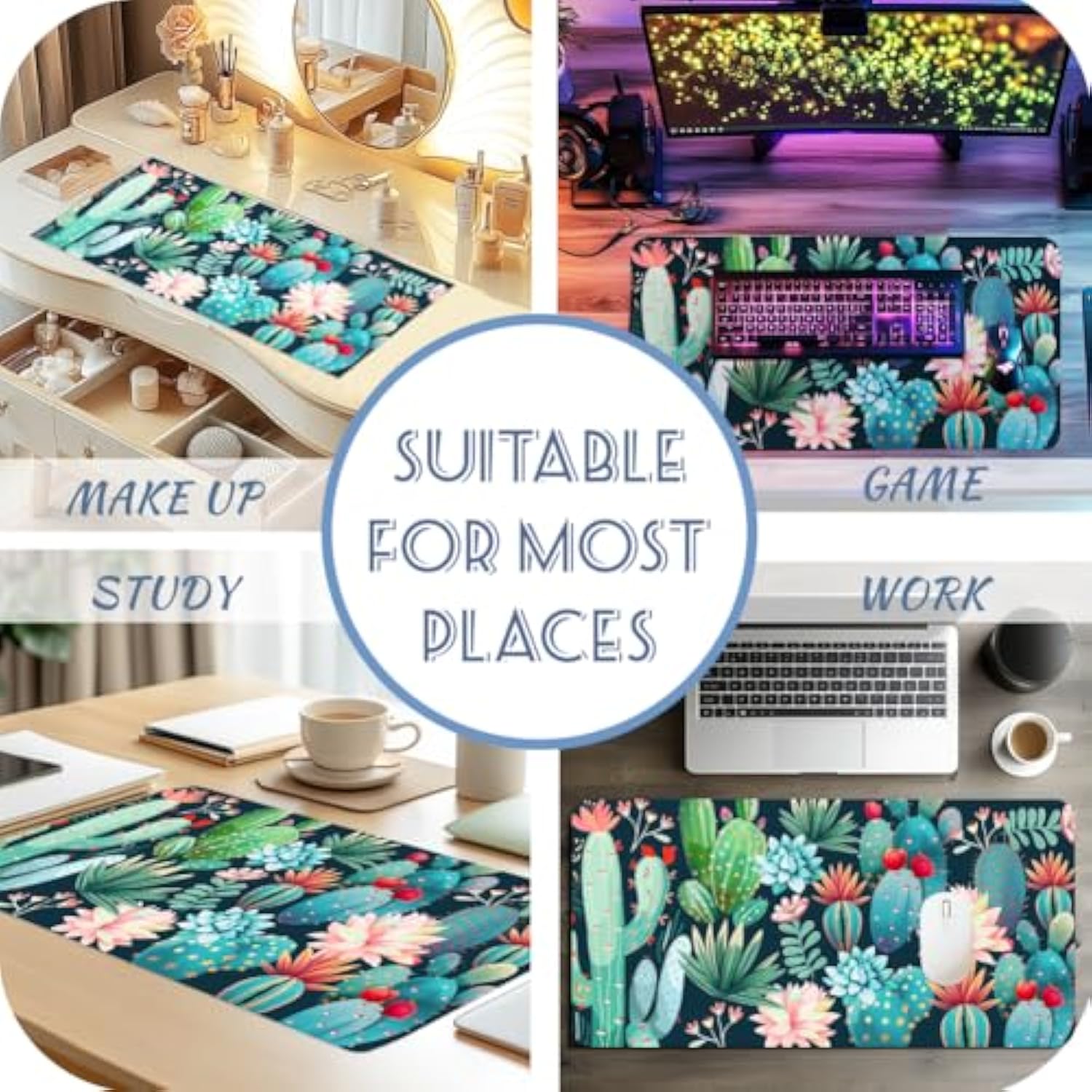 Extended Large Mouse Pad For Desk Cactus Long Extended Desk Pad For Women Pu Non-Slip Base Mouse Pad Waterproof Big Computer Keyboard Gaming Mousepad For Home Office Work 31.8" X 15.7"