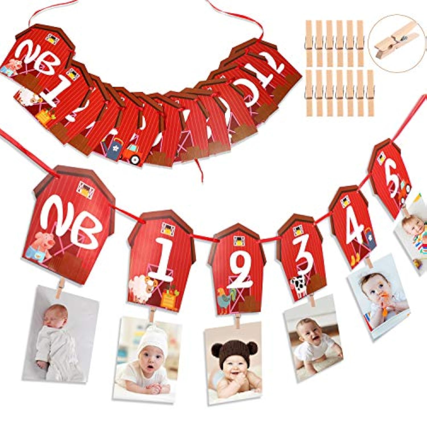 Farm Animal 1st Birthday Photo Banner – Newborn to 12 Month Milestone Party Decoration