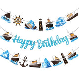 Nautical Birthday Banners 3PCS Nautical Theme Birthday Party Decorations Glitter Blue Cruise Ship Banners Ocean Sailing Party Decor for Iceberg Lighthouse Cruise Liner Baby Shower Supplies