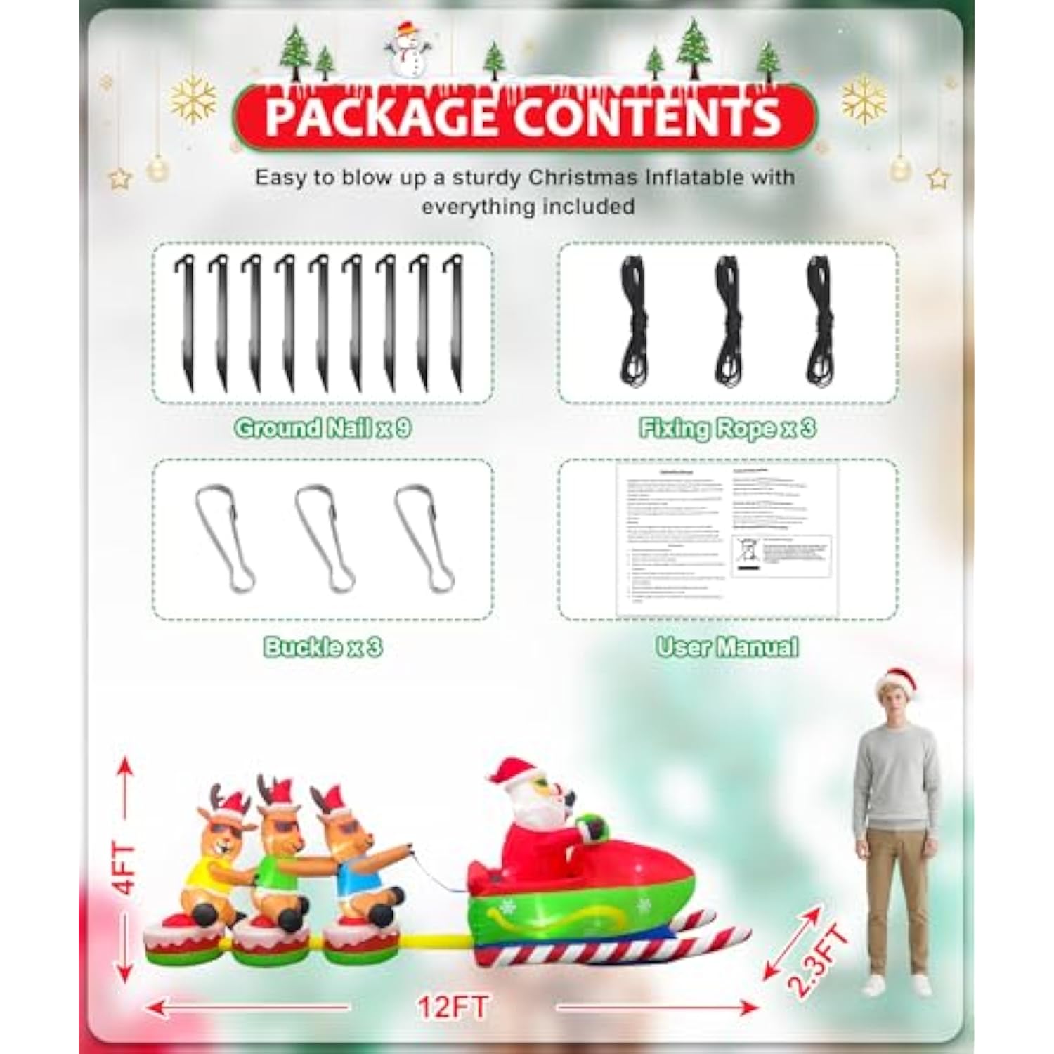 12Ft Christmas Inflatables Outdoor Decorations, Giant Blow Ups Yard Decoration Inflatable Santa Claus Drive Sleight With