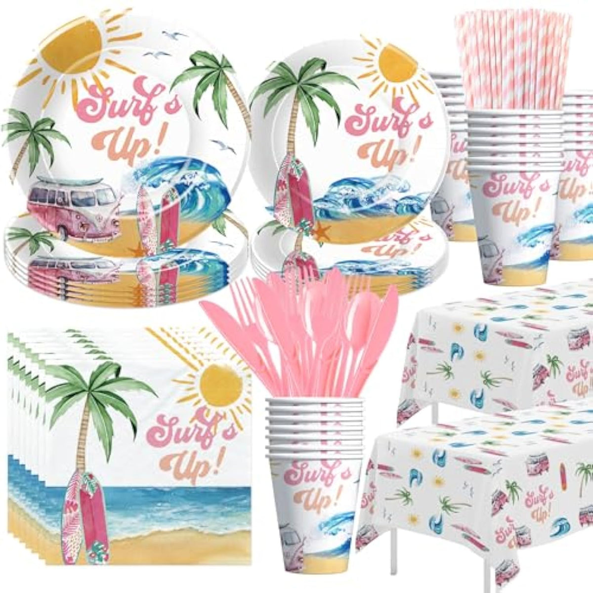 Surfs Up Party Decorations Tableware Girls - Pink Surf Birthday Party Supplies, Paper Plate, Cup, Napkin, Cutlery, Tablecloth, Summer Hawaiian Beach Surfing Birthday Decorations | Serve 24