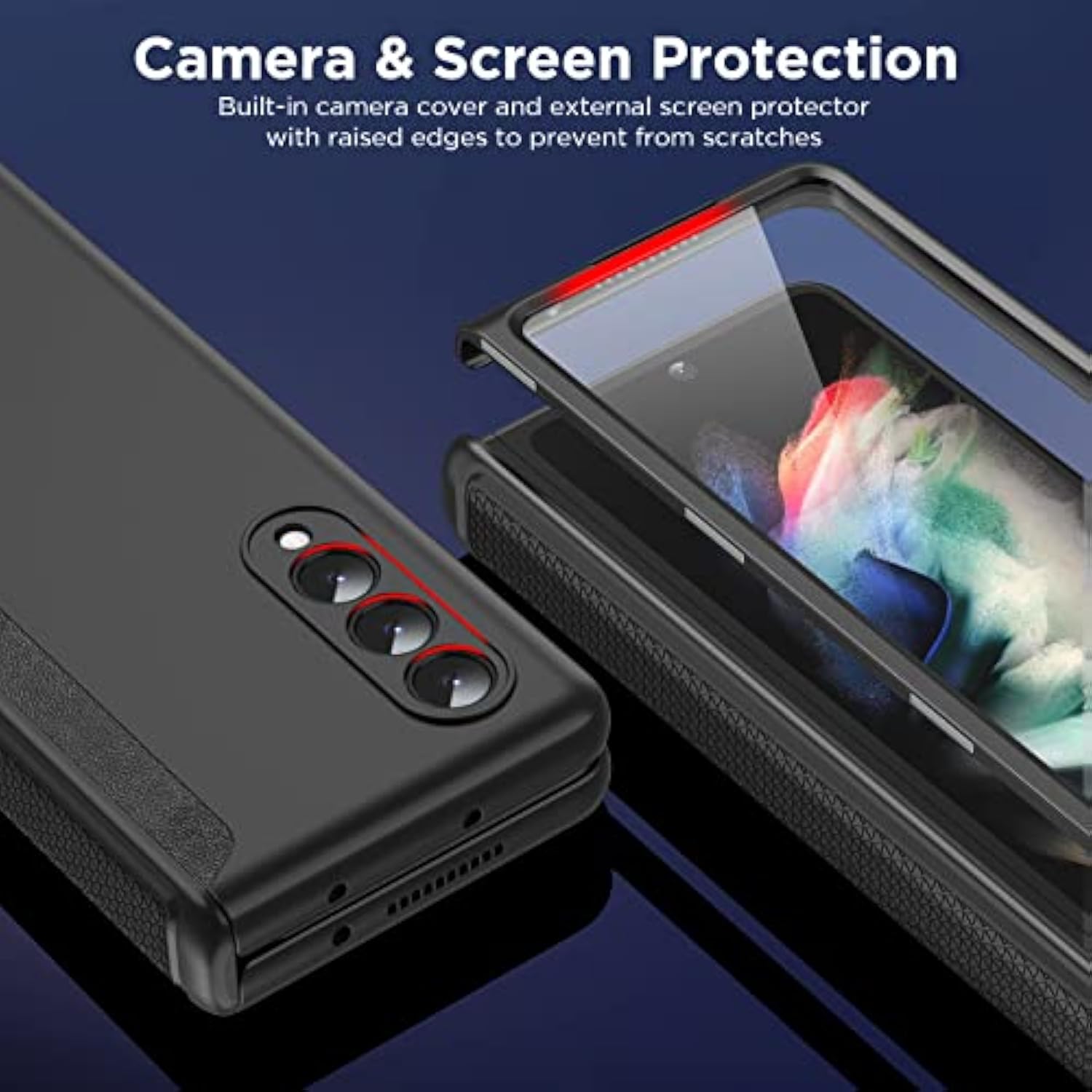 Slim Thin Z Fold 3 Case With Hinge Coverage, Screen Protector, Matte Hard Shockproof Full Body Protection Phone Cover For Samsung Galaxy Z Fold 3 5G (Black)