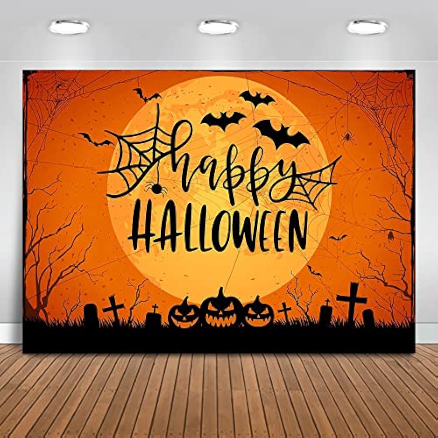 Happy Halloween Backdrop 7x5ft Orange Moon Graveyard Pumpkin Spider Web Party Decoration