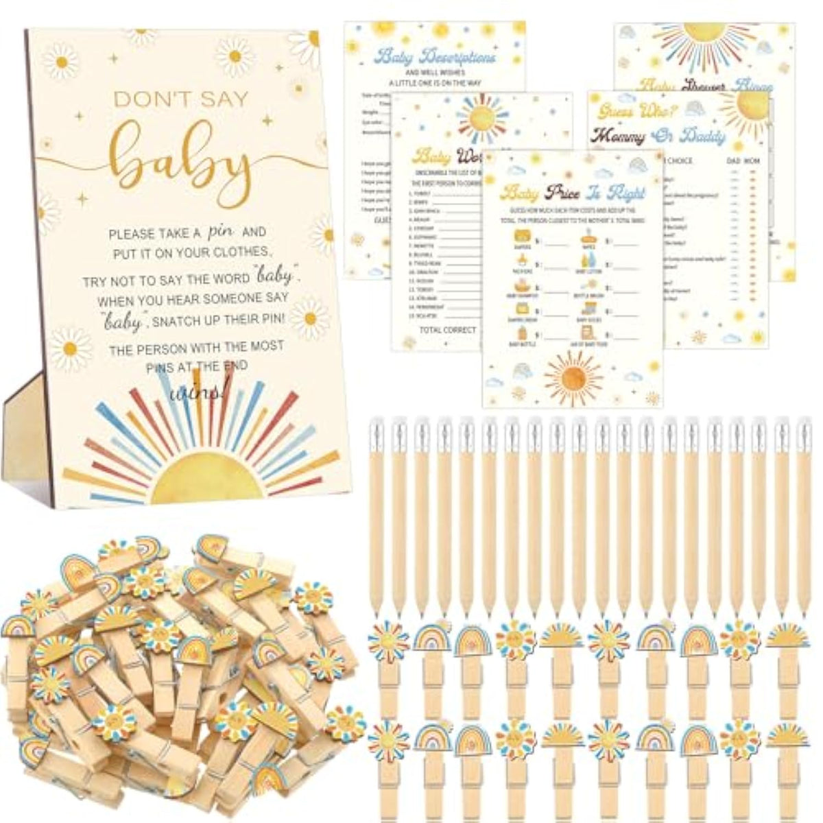321 Pcs Baby Shower Games Supplies, 5 Sets (50 Cards Each) Activities Cards With 20 Pencils 1 Don'T Say Baby Sign 50 Clothespin (Here Comes The Sun)