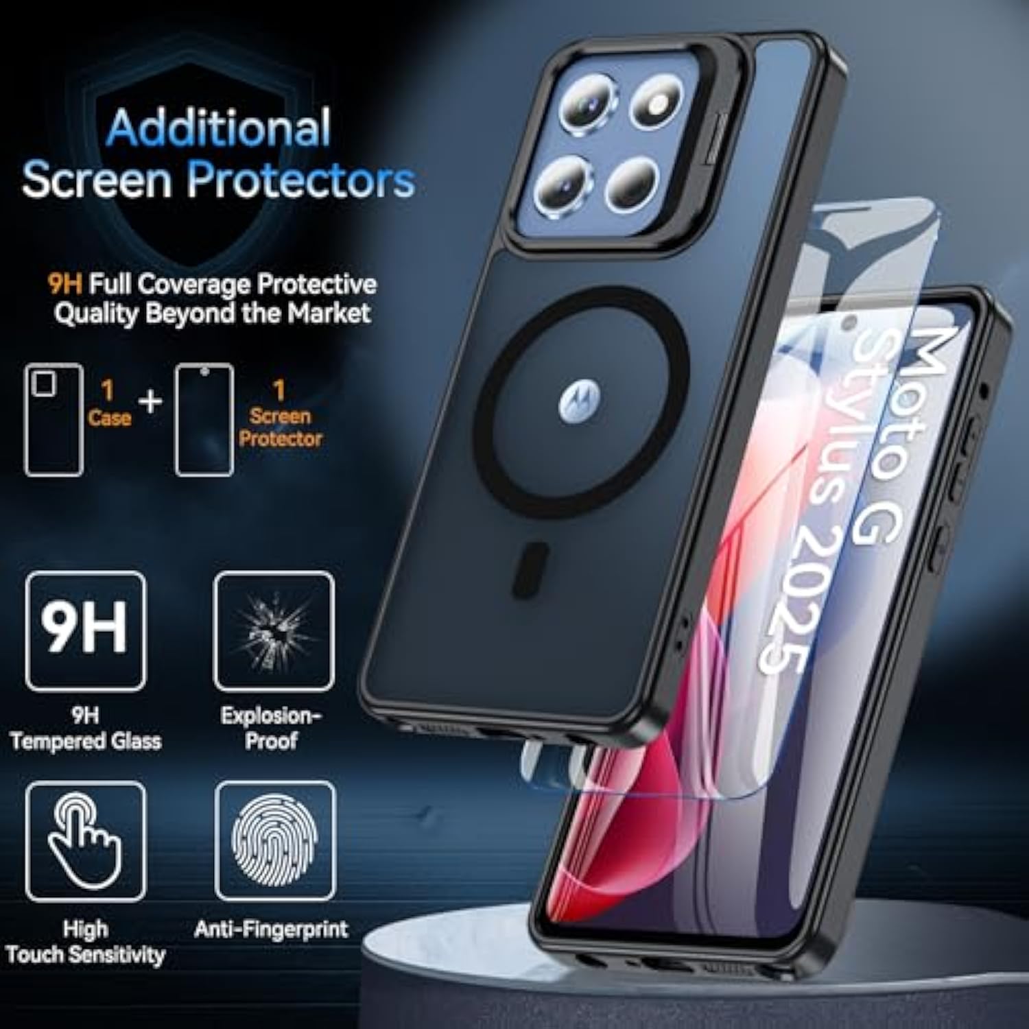 Magnetic For Moto G Stylus 5G 2025 Case With Screen Protector, Built-In Camera Stand Phone Case Shockproof Protective Translucent Matte Cover For Motorola Moto G Stylus 5G 2025 Case (Black)