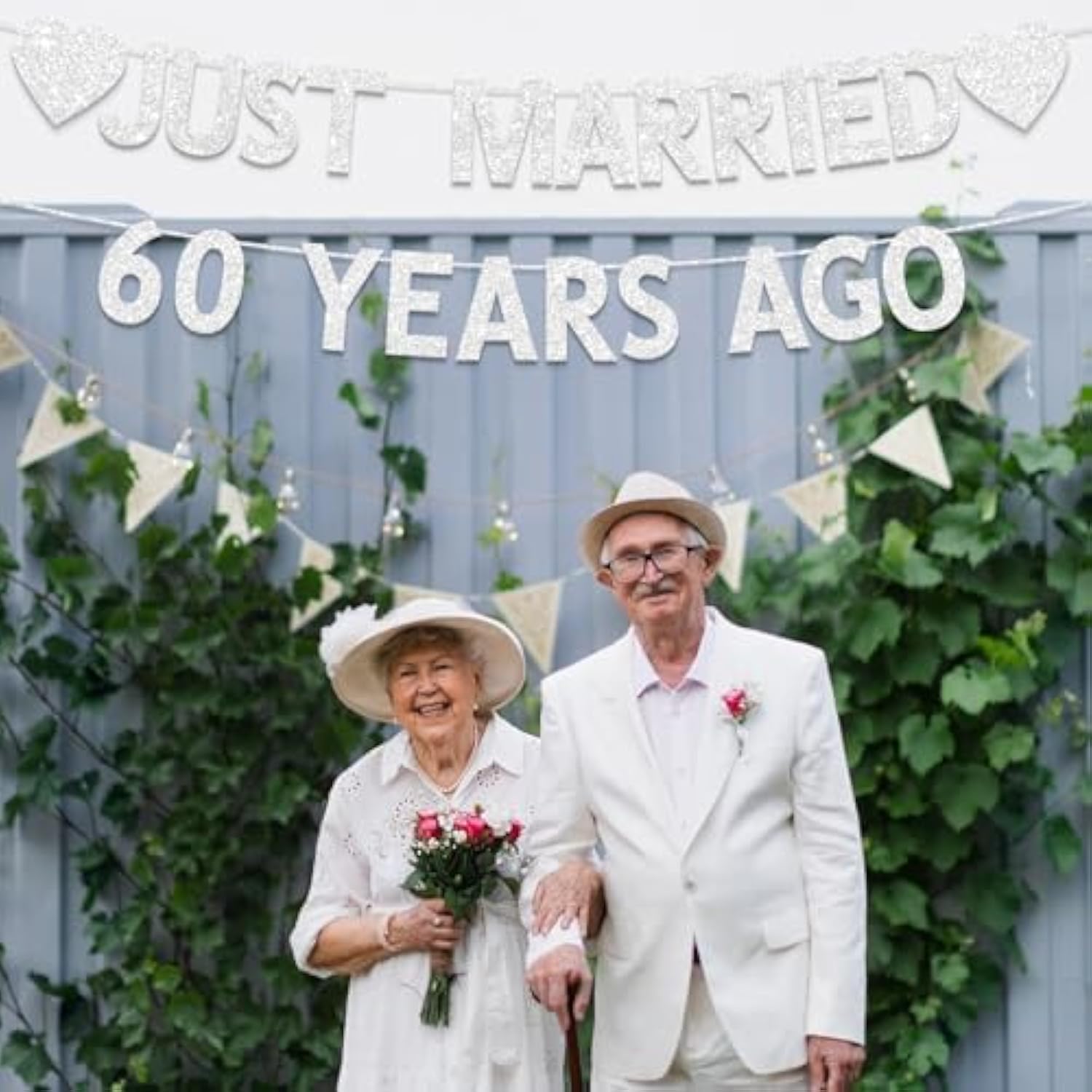 60th Wedding Anniversary Banner, Silver Glitter Just Married 60 Years Ago Decor