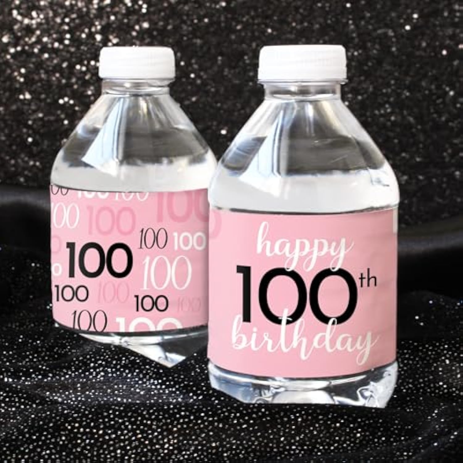 Pink, Black, And White 100Th Birthday Party Water Bottle Labels - 20 Waterproof Wrappers - Pink Birthday Decorations For Women