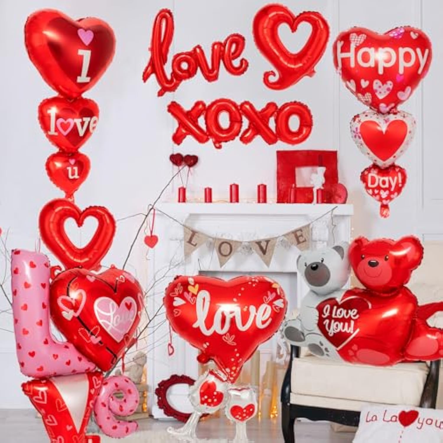 12 Pieces Valentines Day Balloons, Large I Love You Foil Balloons, Red Heart Shape Mylar Foil Balloon For Special Night Party Decorations