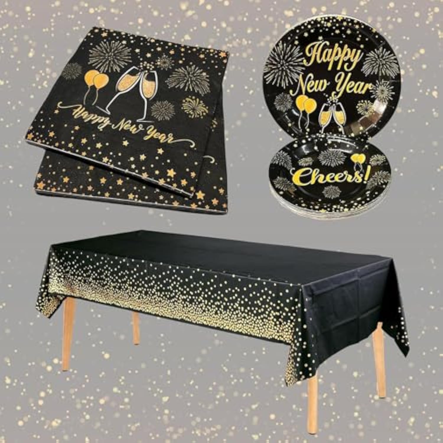 New Years Party Supplies, 2026 Black And Gold New Year Disposable Tableware, Including Dinner Plates, Dessert Plates, Napkins, Cups Tablecloth For New Years Eve Party Supplies Decor Serves 20