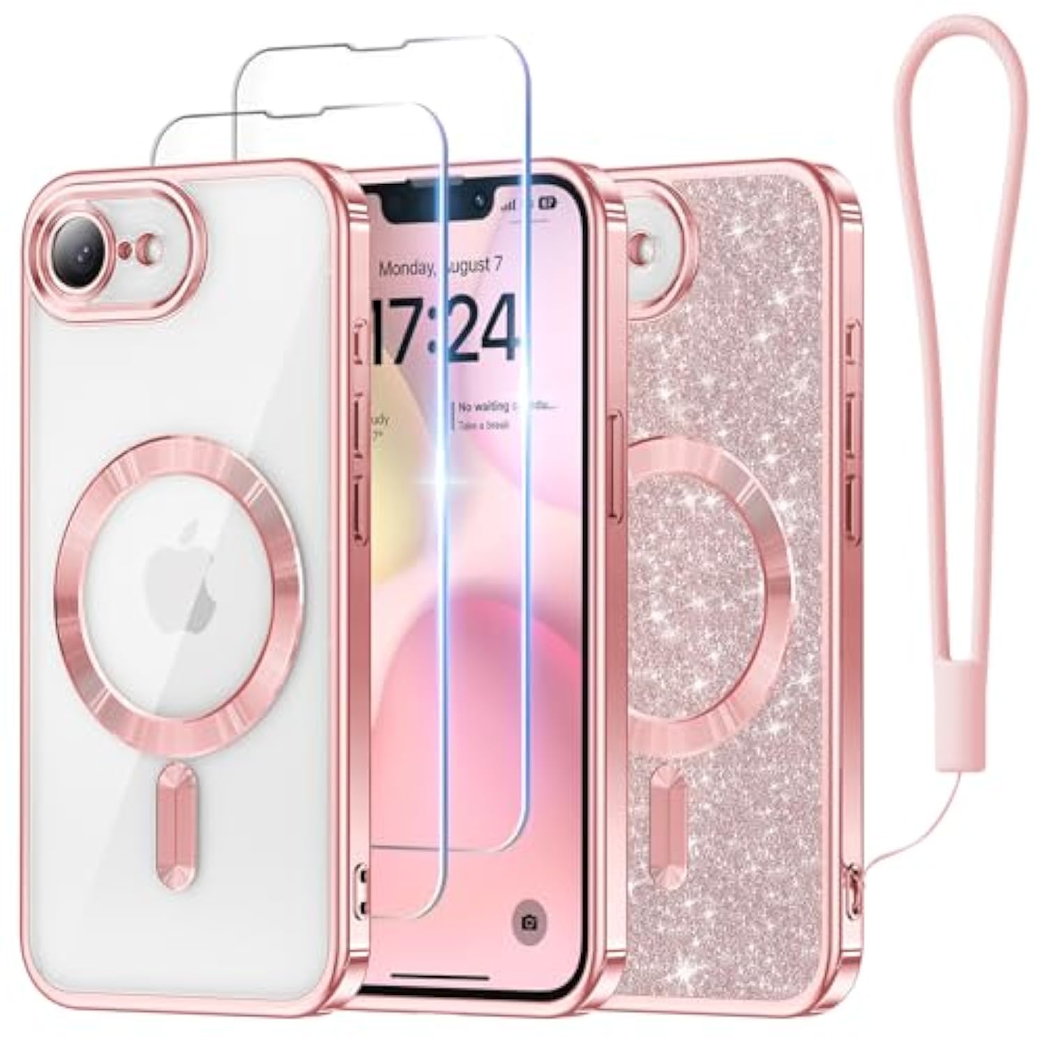 Designed For 16E Case 6.1", [Compatible With Magsafe] [Glitter Card & Wrist Strap] [2X Screen Protectors] Surround Raised Lens Protection Designed For Se 4 Case, Rose Gold