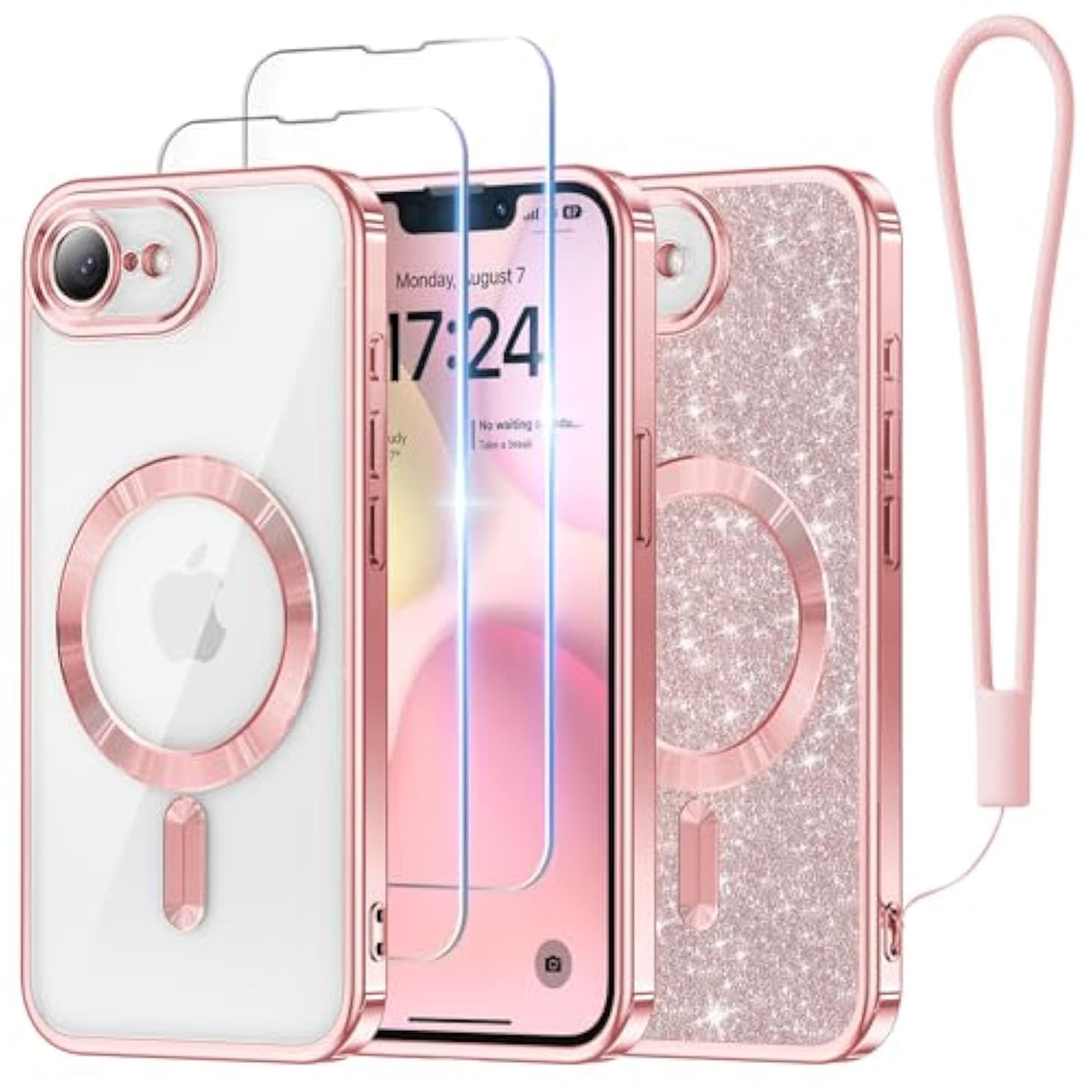Designed For 16E Case 6.1", [Compatible With Magsafe] [Glitter Card & Wrist Strap] [2X Screen Protectors] Surround Raised Lens Protection Designed For Se 4 Case, Rose Gold
