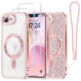Designed For 16E Case 6.1", [Compatible With Magsafe] [Glitter Card & Wrist Strap] [2X Screen Protectors] Surround Raised Lens Protection Designed For Se 4 Case, Rose Gold