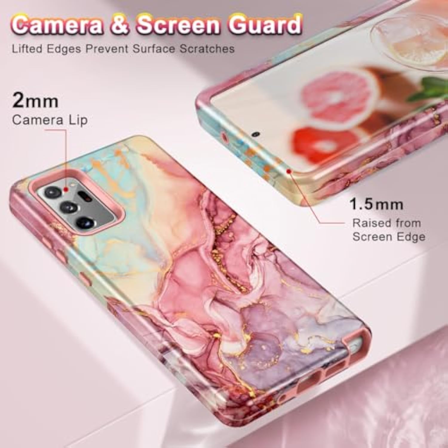 For Samsung Galaxy Note 20 Ultra Case,Marble Pattern 3 In 1 Heavy Duty Full Body Shockproof Hard Pc+Soft Silicone Drop Protective Women Girls Case For Note 20 Ultra 5G 6.9 Inch,Rose Gold