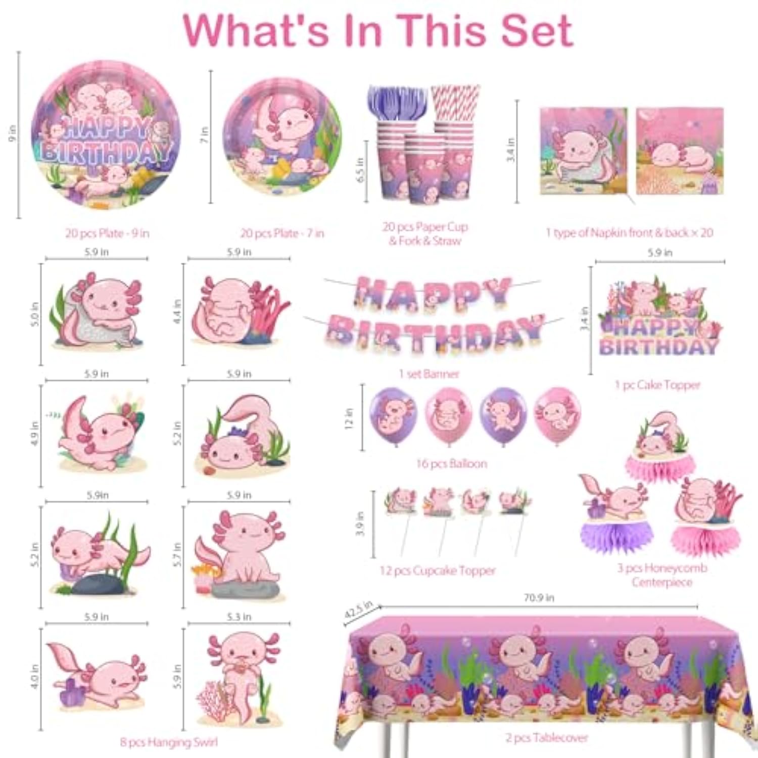 171 Pcs Axolotl Birthday Decorations Pink Axolotl Party Decorations Cake Cupcake Topper Balloons Banner Plates And Napkins Table Cloth Axolotl Party Supplies For Girls Cartoon Fun Animal Party